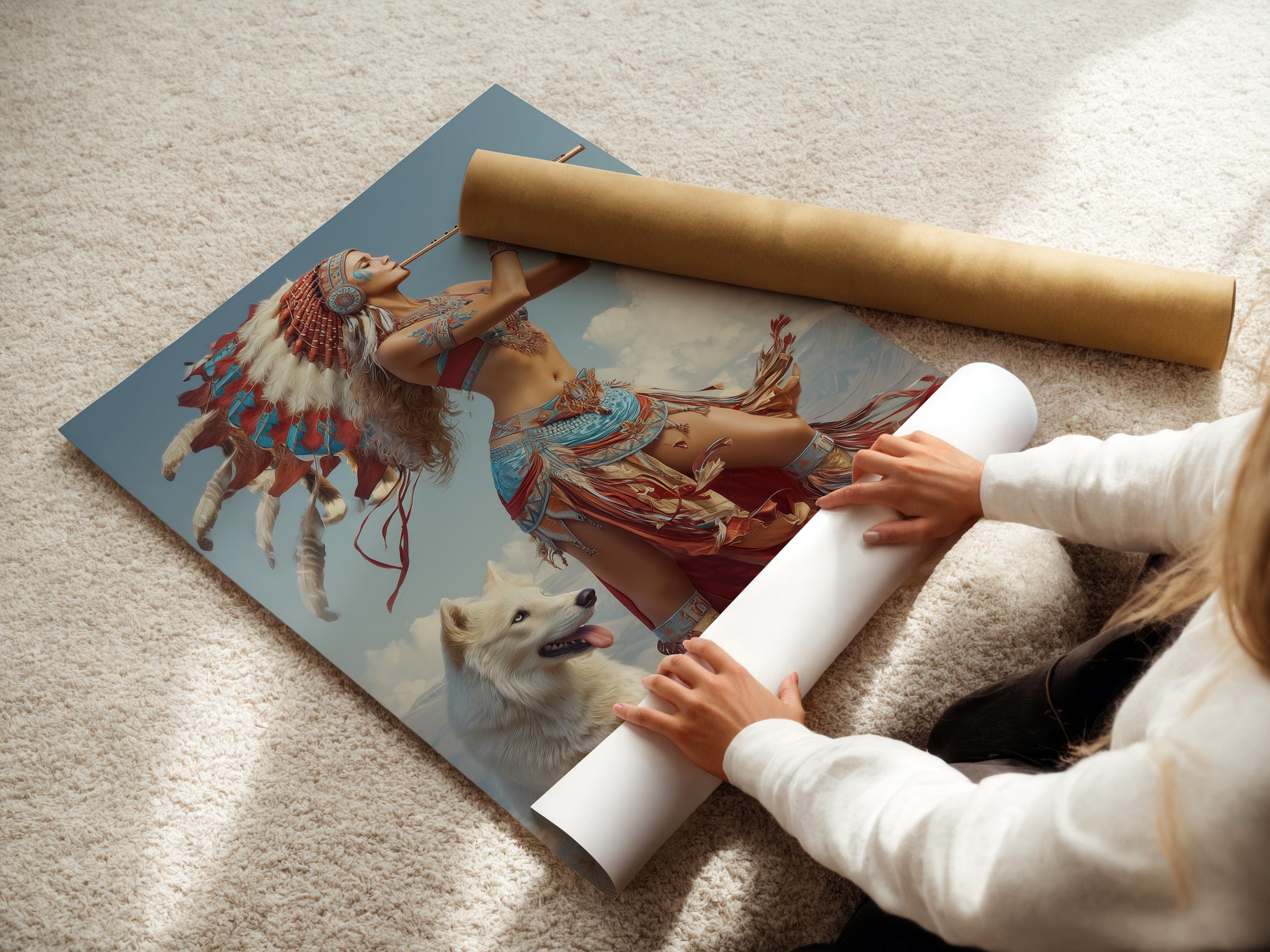 A woman carefully rolls a fine art poster paper. This highlights the care and precision in handling delicate art. High-quality paper ensures vibrant colors and longevity. Perfect for preserving your favorite artwork.