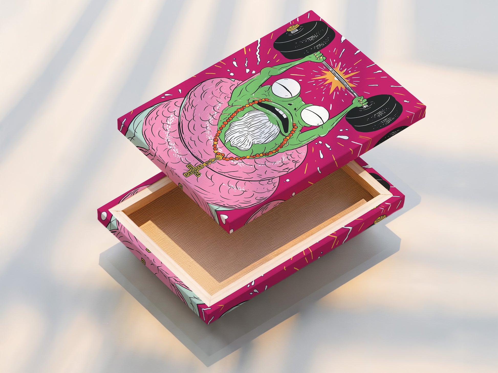 This is a stretched canvas print of the Fitness Frog. The weightlifting artwork is ready to hang. A motivational print for your home gym decor. This piece will elevate your workout space.