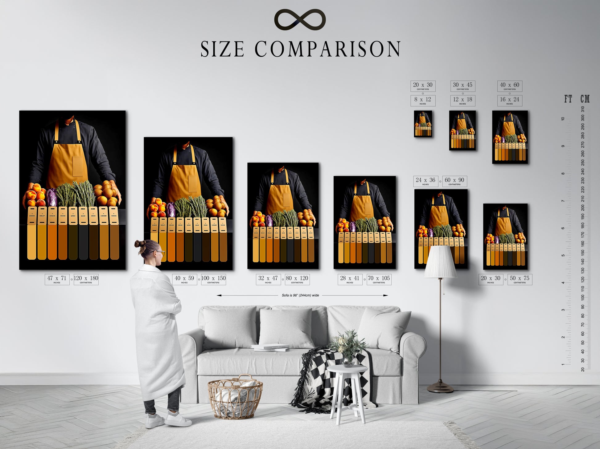 Size comparison chart of a Culinary Still Life artwork in an interior setting. This modern foodie art is perfect for dining room decor.  It will add a touch of sophistication to any space. Ideal for chefs and restaurant owners. This savory art is ideal for cafes.