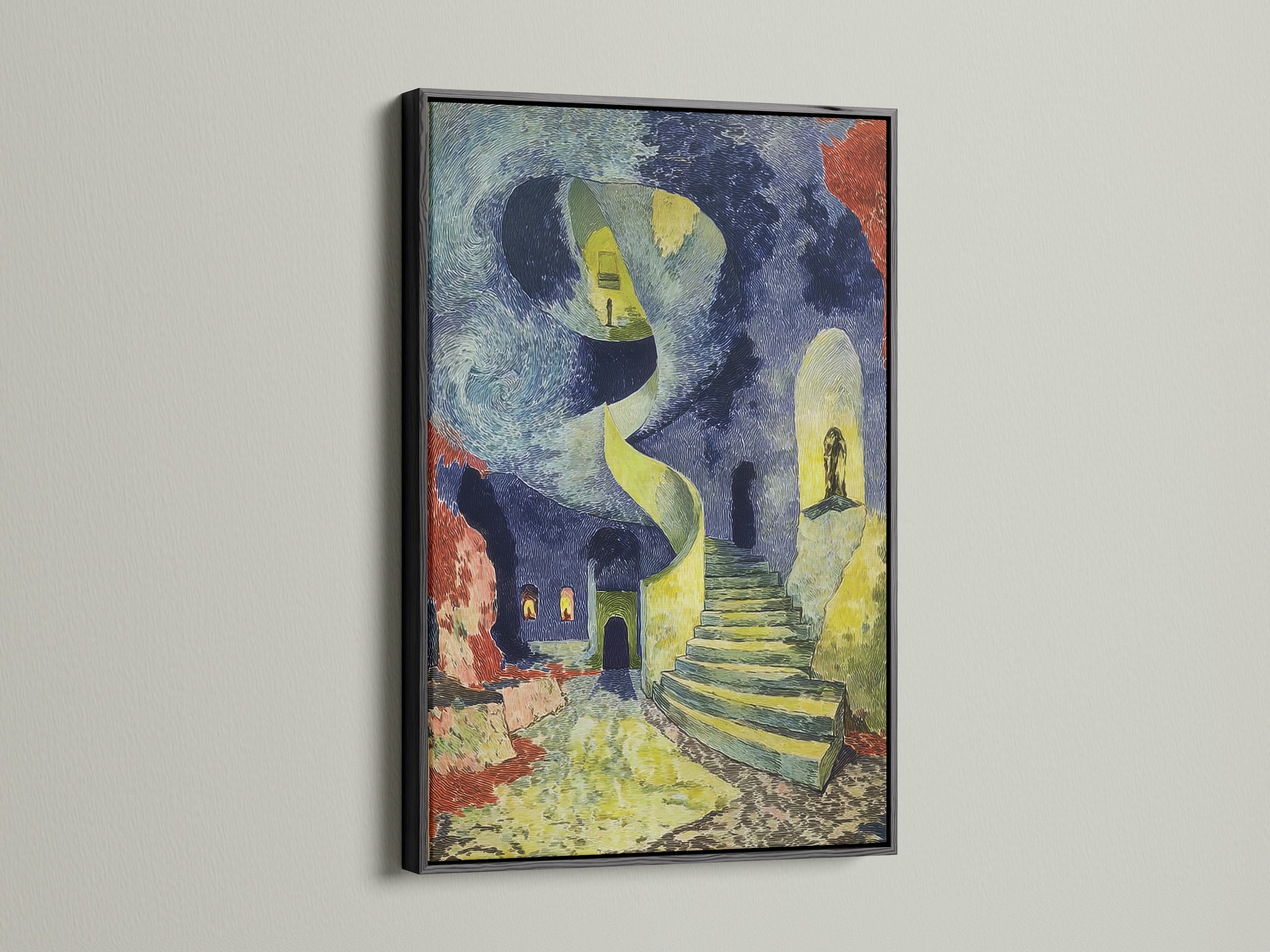 The black frame highlights the surreal staircase artwork. This Van Gogh style print offers dreamlike architecture. The art nouveau style is prominent with blue and yellow hues. This piece suits modern eclectic or dorm room decor. Ideal for students and art enthusiasts. It makes a unique statement in any setting. This artwork fits modern spaces.