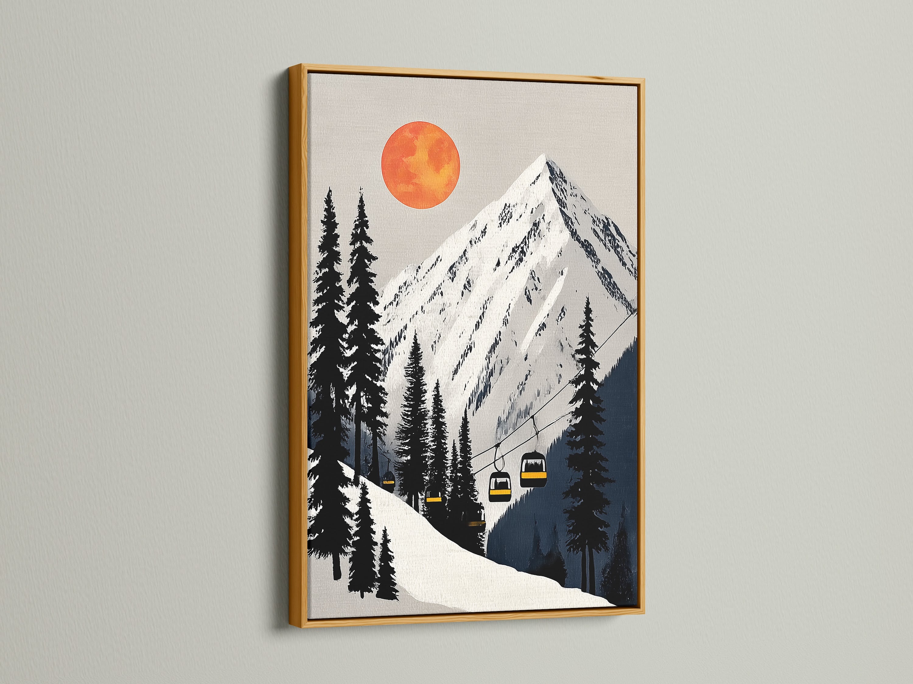 Gold frame showcasing the mountain ski lift artwork. This elegant frame adds a touch of luxury. The apres ski decor is perfect for cozy spaces. This alpine wall art complements rustic and lodge styles. This adventure print is a perfect addition to your home.