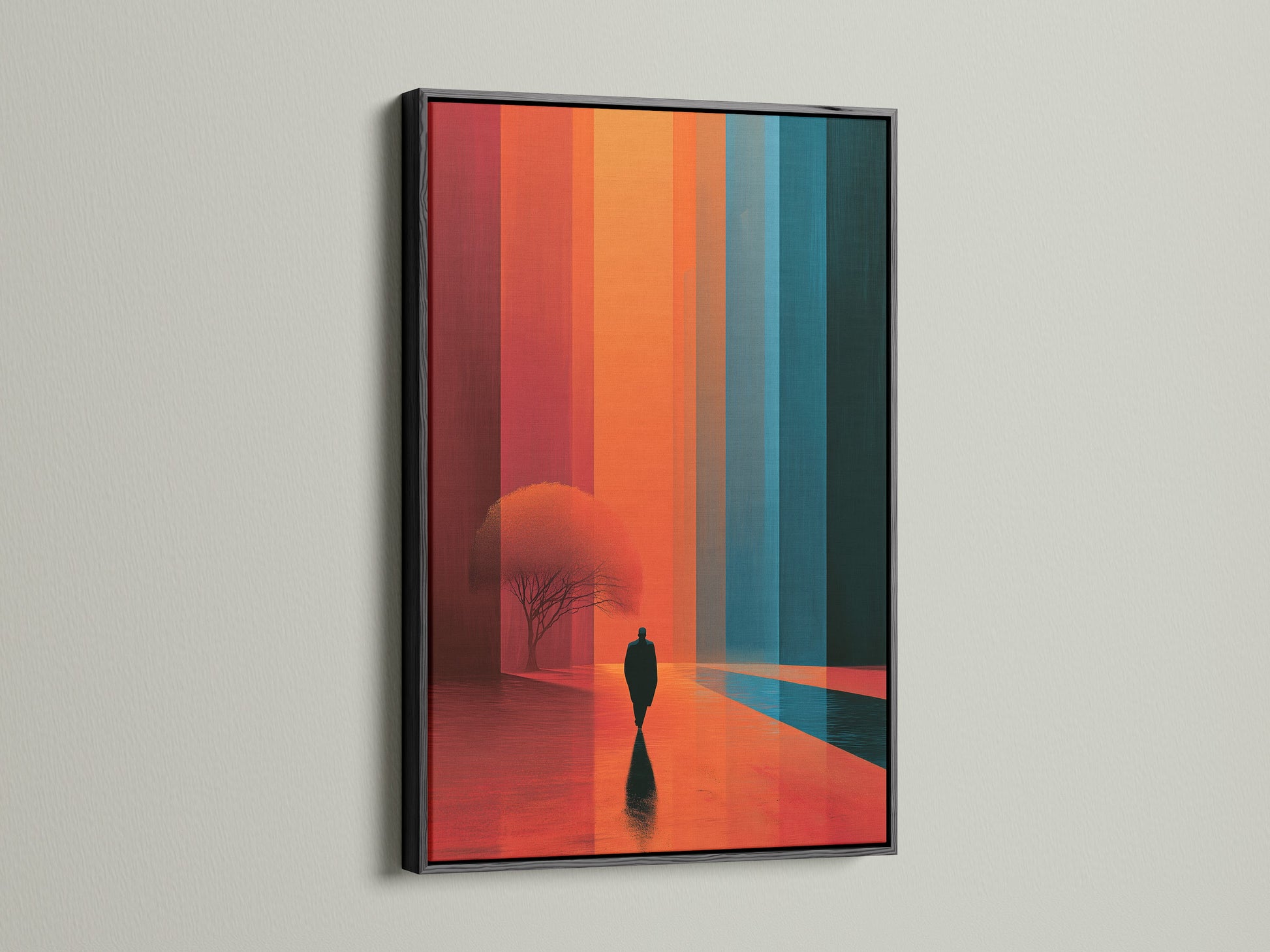 Surreal landscape artwork with a black frame. This modern abstract wall art features a minimalist figure. The artwork showcases orange and teal hues. Ideal for living rooms bedrooms offices hallways foyers and studios.