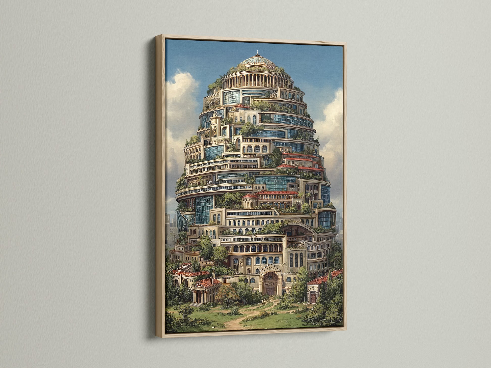 Fantasy Architecture Print in an oak frame. The surreal tower is a captivating piece of artwork. It's ideal for adding sophistication to living room wall art. This whimsical canvas enhances any art collection. The primary color is brown. The secondary color is green.