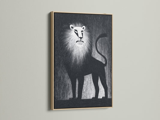 A striking lion art print is presented in an oak frame. The artwork is displayed against a light-colored wall. The oak frame enhances the artwork. Add this timeless piece to your home decor.