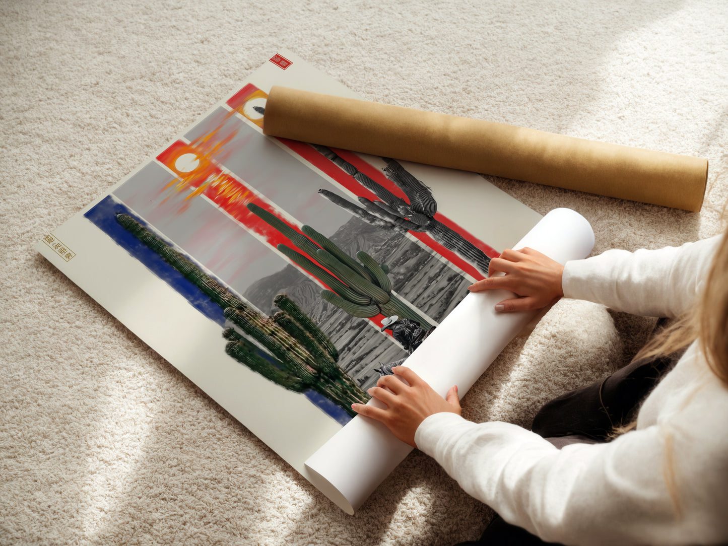 A woman is carefully rolling a fine art poster paper. The paper features a desert cactus artwork. This high-quality print captures the essence of the southwest. Perfect for framing or displaying as is. Add a touch of western charm to your home decor.