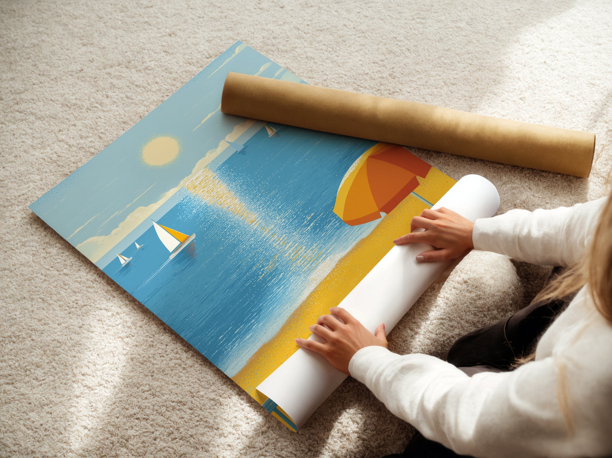 A woman is carefully rolling a fine art poster paper. This high-quality beach scene artwork is ready for framing. Coastal canvas art and sailboat prints available. Perfect for nautical wall art.