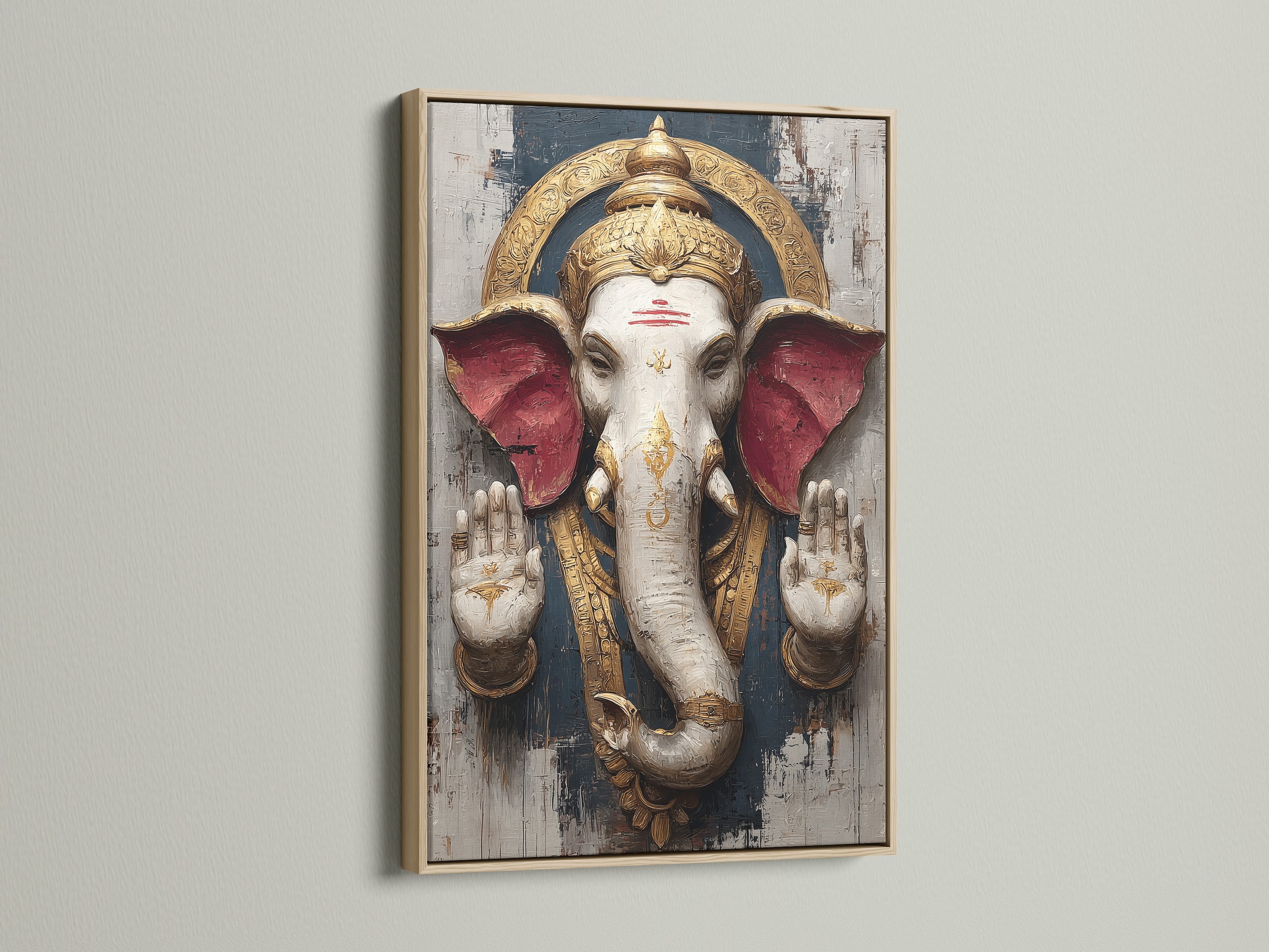 Ganesha Wall Art in an oak frame. This Hindu Elephant God canvas print is perfect spiritual wall art. It adds bohemian decor to any space. Ideal for meditation rooms and yoga studios. It enhances any room's aesthetic.
