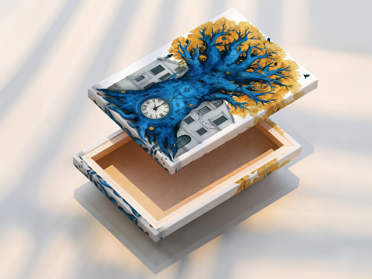 Close up of a stretched canvas print of the Surreal Clock Tree artwork. The artwork shows a blue tree with a clock at its base set against a building. The golden leaves and black birds add a whimsical touch. This fantasy artwork is perfect as office wall decor.