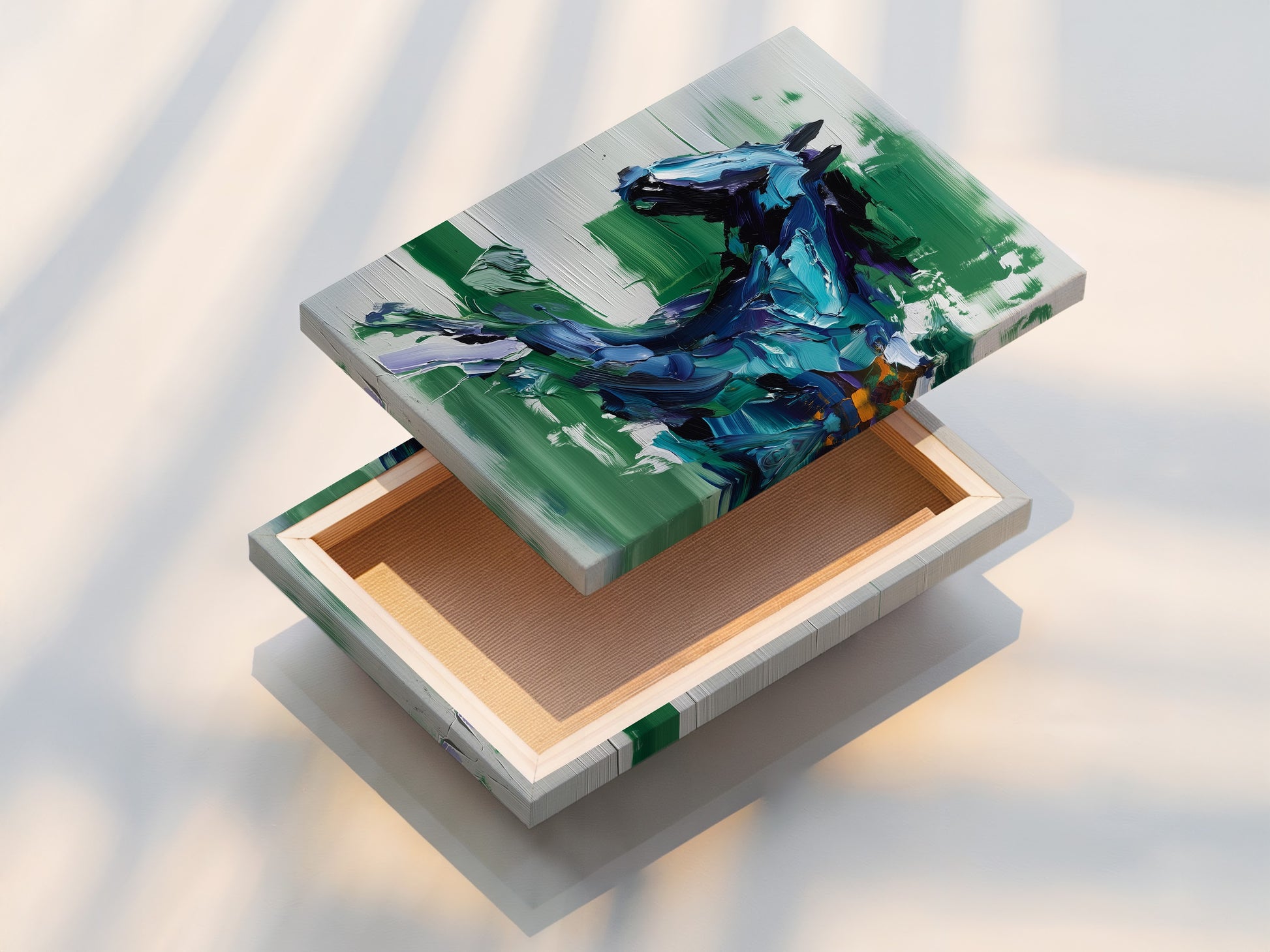 This is a stretched canvas print featuring abstract horse art. The blue green animal artwork is ready to hang. Perfect for adding modern style to your home. The equestrian print suits contemporary farmhouse or eclectic styles.