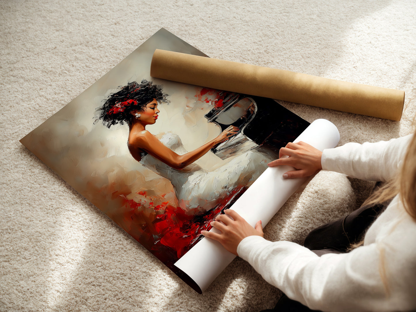 A woman is rolling a fine art poster paper. The poster paper is high-quality and durable. It is perfect for printing artwork and photos. This paper ensures vibrant colors and sharp details. Ideal for creating stunning wall art. The woman handles the paper with care.