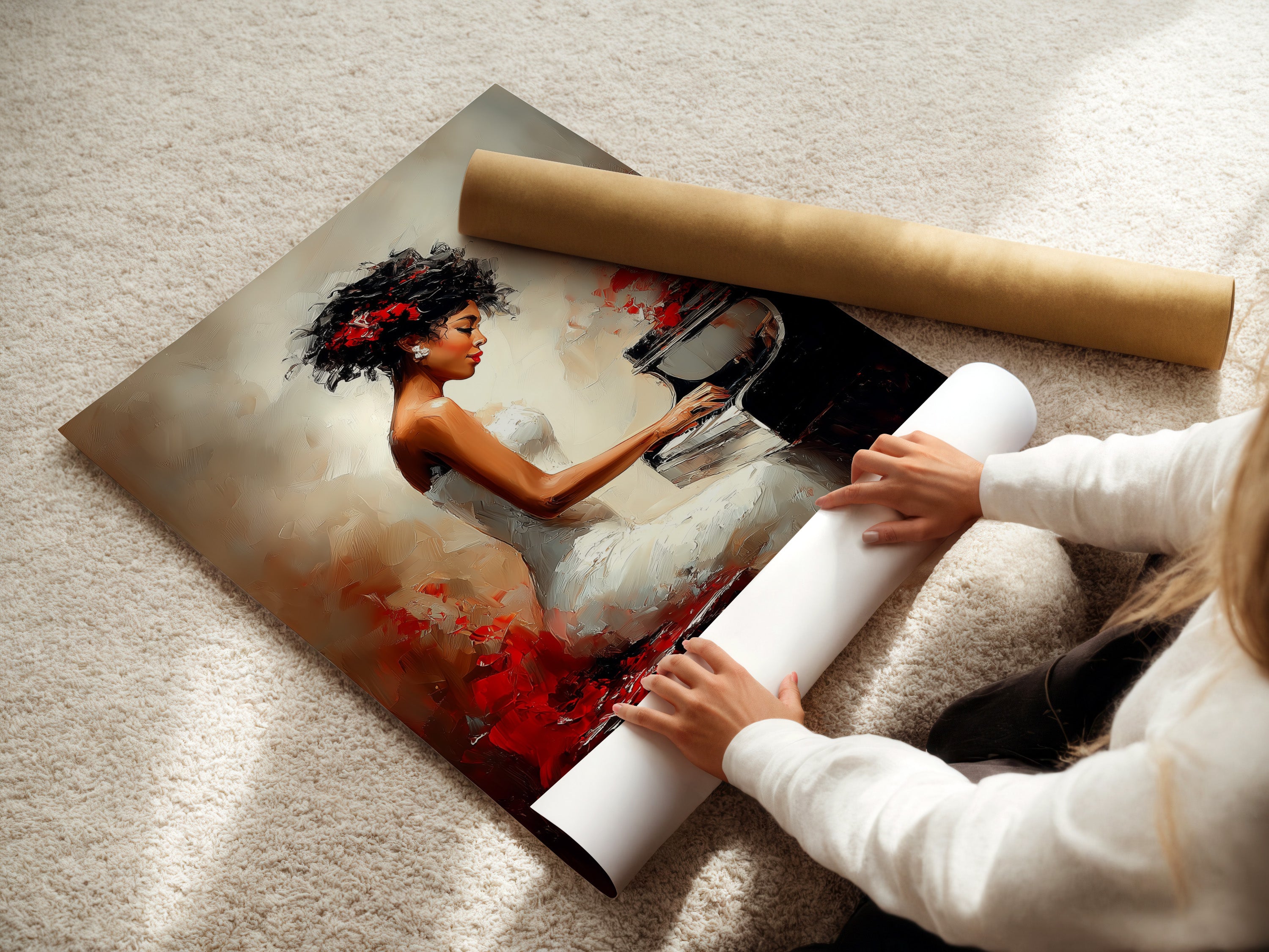 A woman is rolling a fine art poster paper. The poster paper is high-quality and durable. It is perfect for printing artwork and photos. This paper ensures vibrant colors and sharp details. Ideal for creating stunning wall art. The woman handles the paper with care.