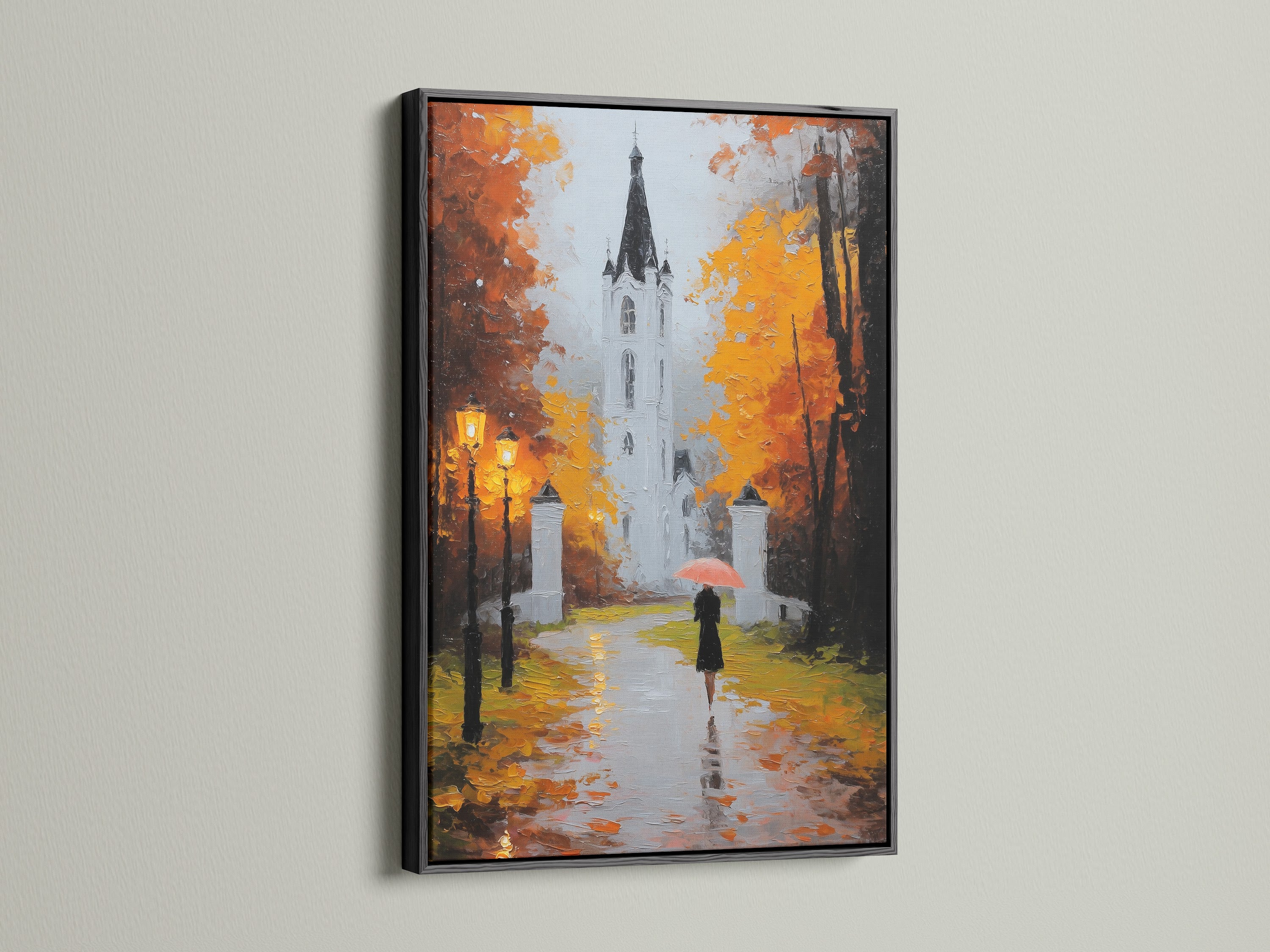 Artwork with a sleek black frame. The artwork features a building a person with an umbrella. The black frame provides a modern touch. Enhance your decor with this framed art.
