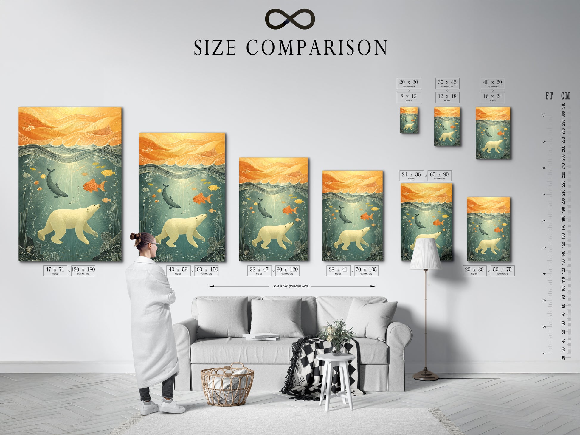 Size comparison chart in an interior setting. The art featured is an Ocean Wildlife Canvas Print. It shows a polar bear underwater with fish. This marine life decor is perfect for kids rooms and nurseries. This artwork complements coastal and modern styles.