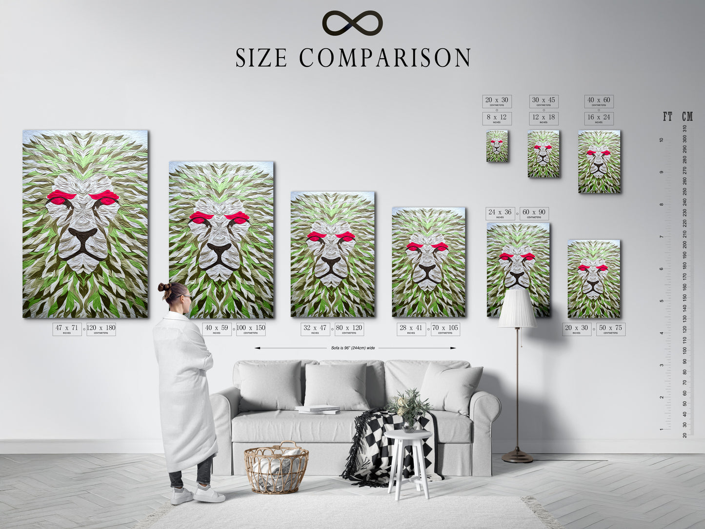 This is a size comparison chart. It is set in a modern interior. See how different art sizes fit your space. The chart helps visualize artwork dimensions. Choose the perfect size for your wall. The interior setting adds context to art selection. Ensure the right art size.