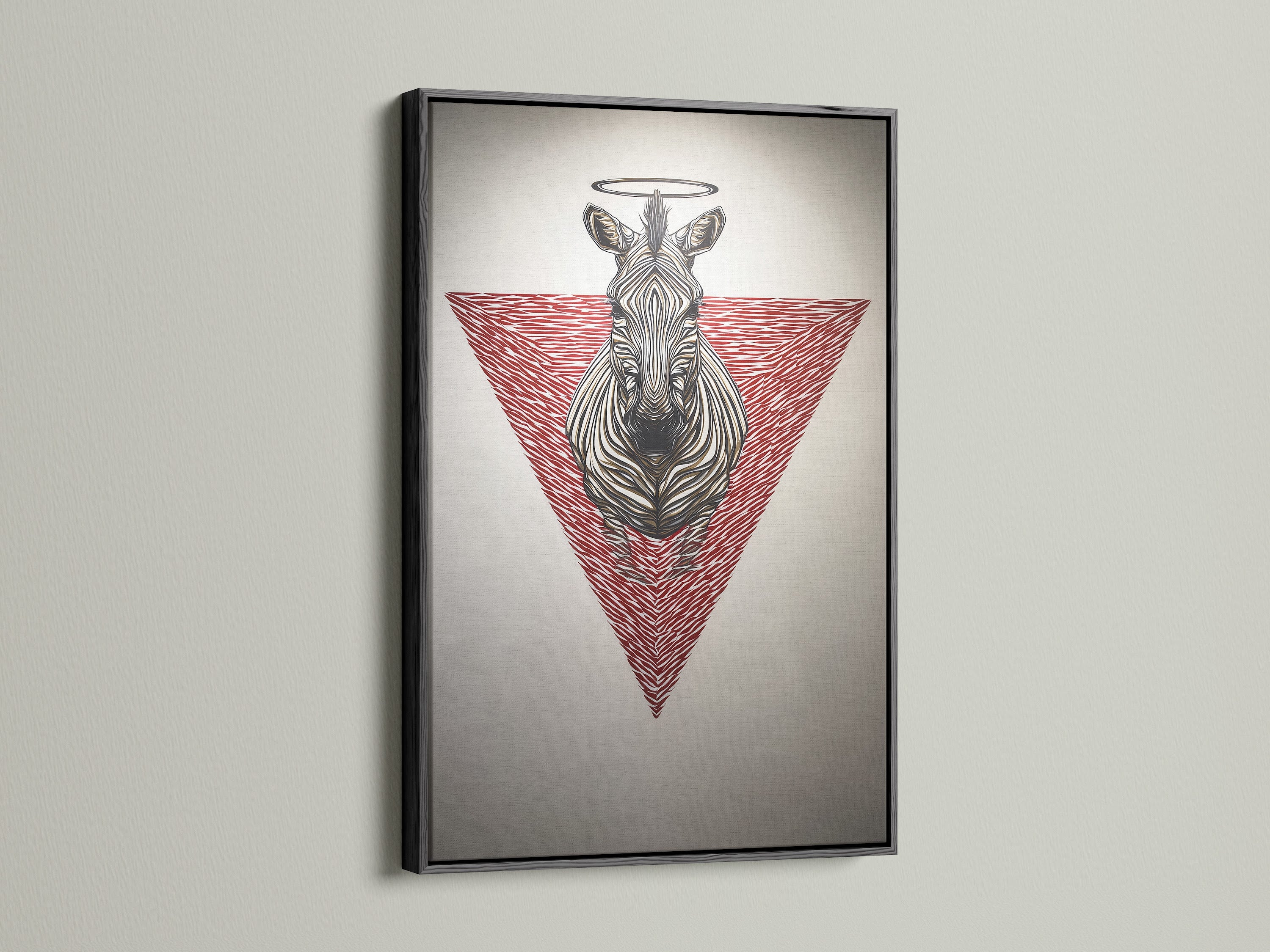 Check out zebra sacred geometry art in a black frame. The black frame contrasts beautifully with the red geometric art. This animal canvas print adds a bold touch to any room. It's great for office wall decor and modern workspaces.