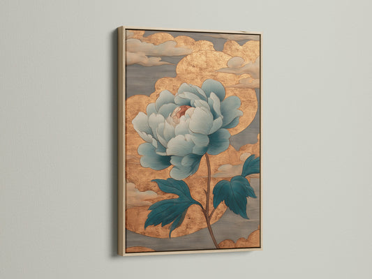 Oak frame showcasing a blue flower art print. The light wood grain enhances the artwork's beauty. This frame provides a natural and elegant look. Perfect for displaying fine art prints. The oak frame adds warmth.
