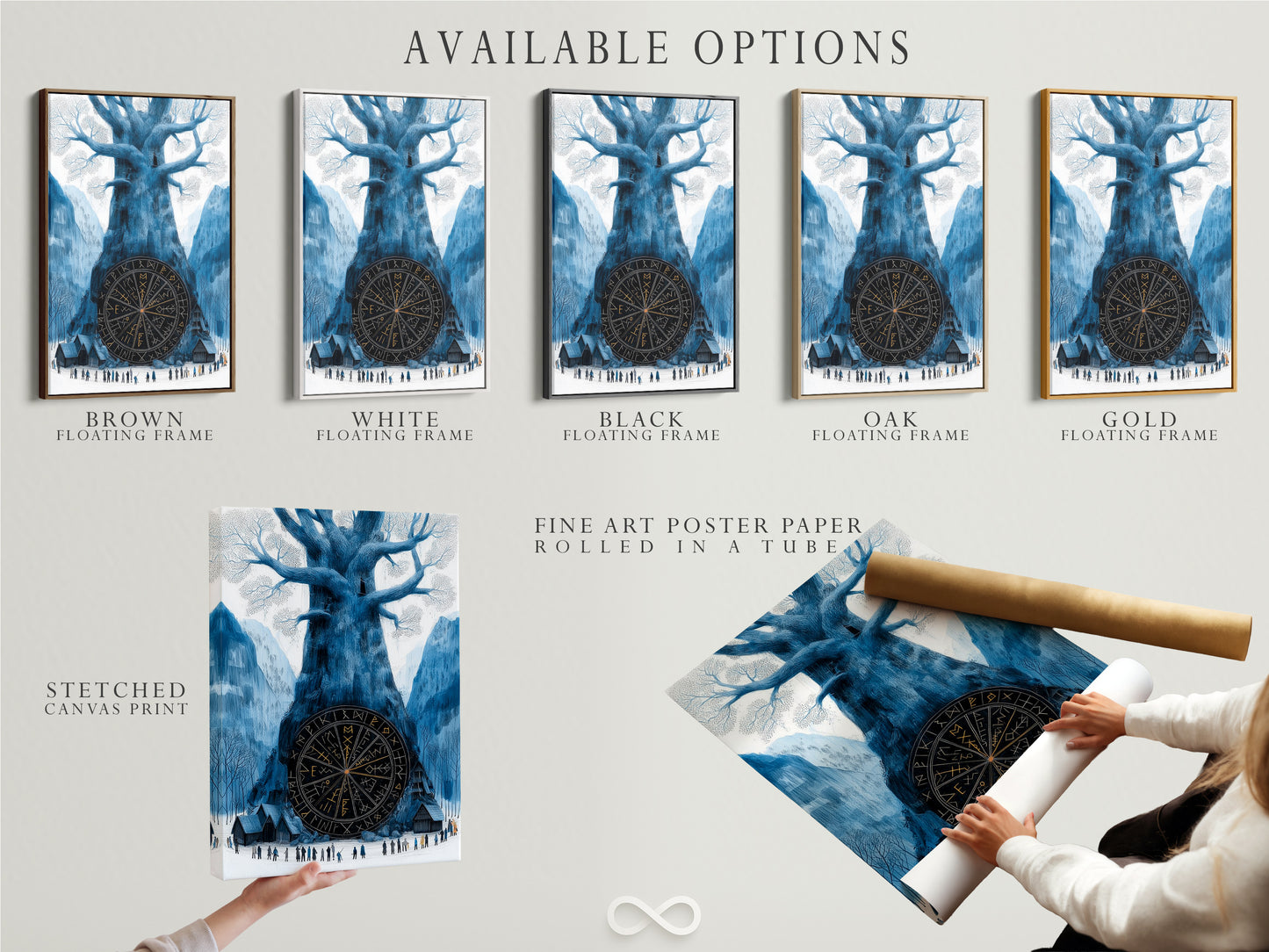 Explore the available options for the Yggdrasil artwork including stretched canvas print fine art poster paper and floating frame. This Norse Mythology Wall Art can be customized to suit your style. Choose the perfect format for your living room study room or office space. Discover this unique Viking Tree of Life poster today.