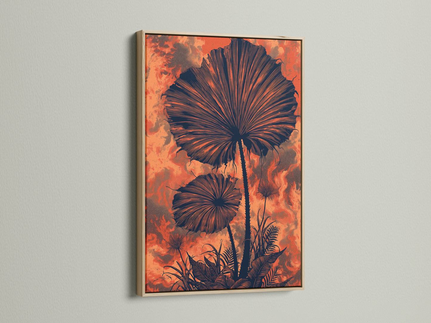 Botanical fan palm artwork with an oak frame. This tropical foliage poster enhances any room. The burnt orange hues bring warmth. Ideal for minimalist Scandinavian or boho styles. Add nature inspired wall decoration today.