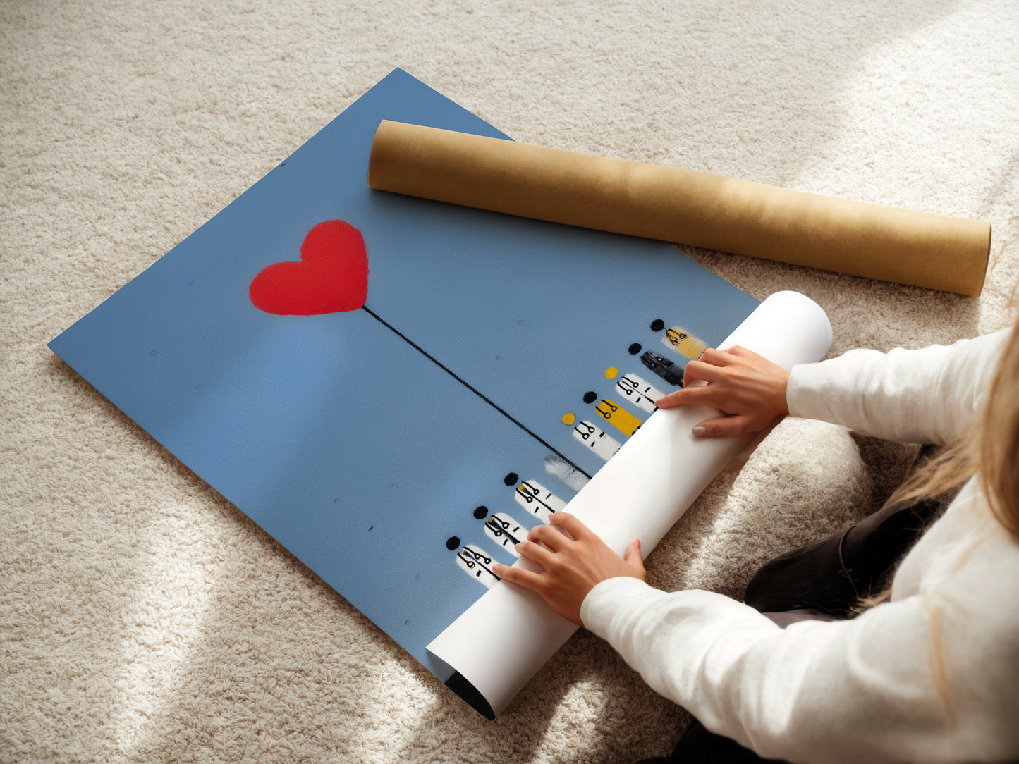 A woman is carefully rolling a fine art poster paper. The poster features a medical team with a red heart balloon. This fine art print is perfect for any healthcare setting. It makes a thoughtful nurse gift. The artwork brings a sense of unity and hope.
