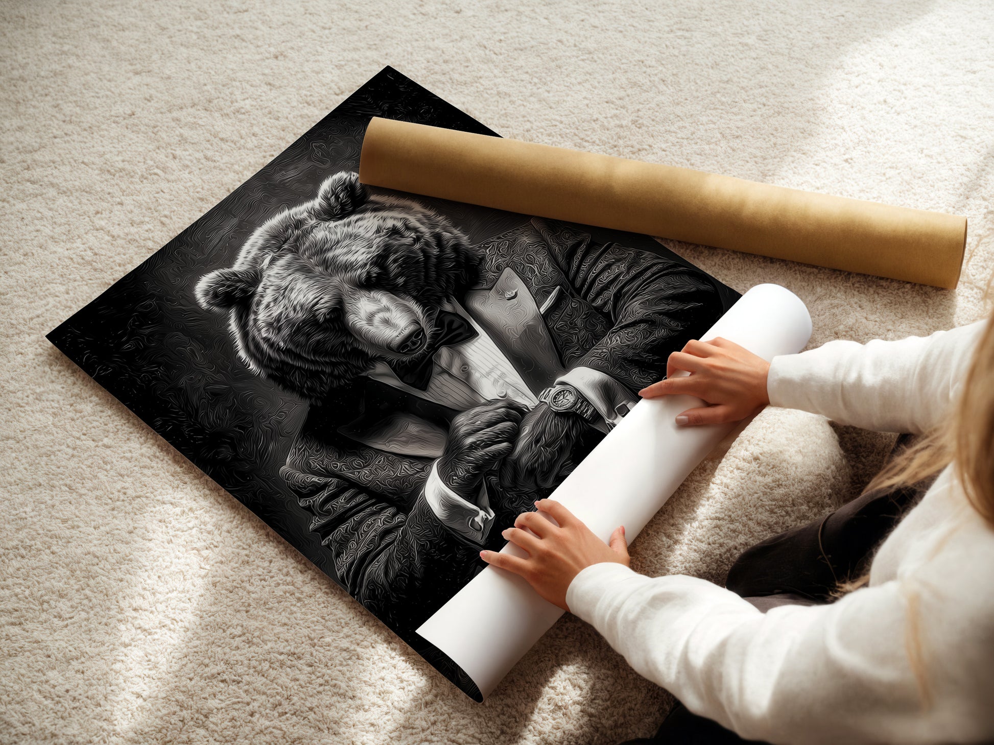 A woman is carefully rolling a fine art poster paper. The paper is high-quality and ready for framing. She is preparing it for display. Fine art poster paper offers a premium feel for art prints. Experience the beauty and quality of fine art posters for your home or office decor.