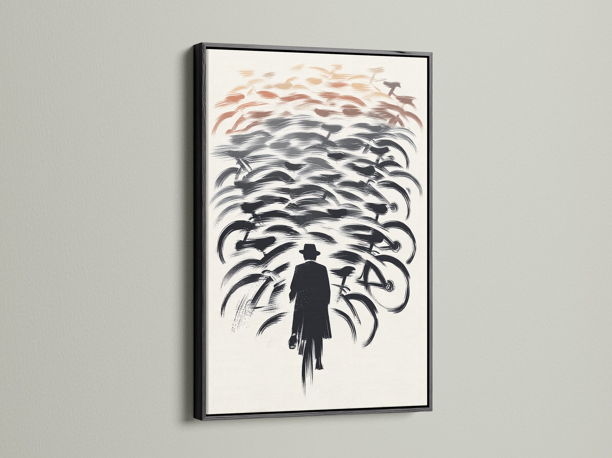 Enhance your decor with this black framed abstract canvas. Showcasing a man with bike this modern art print is impactful. Ideal for creating a stylish office wall. Explore our bicycle artwork for minimalist art solutions today.
