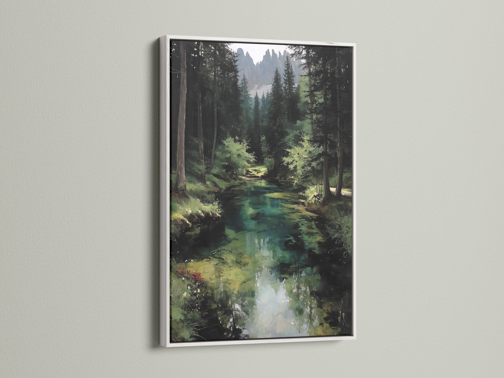 The forest river artwork is displayed in a white frame. The contrast enhances the emerald green wall art. This woodland landscape painting is ideal for any room. The white frame complements rustic or farmhouse decor. The nature artwork brings a sense of peace and tranquility. Discover cabin wall art that elevates your space.