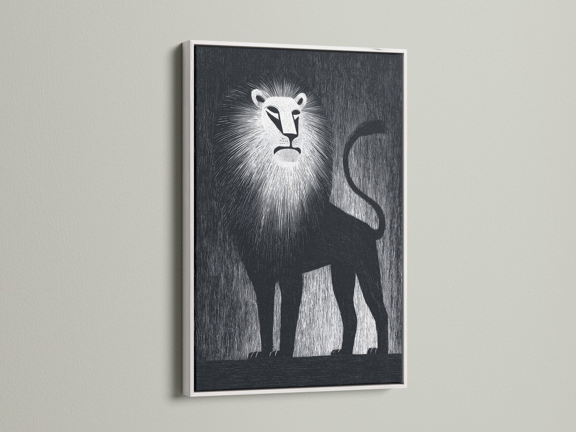 A modern lion artwork is beautifully encased in a white frame. The art is mounted on a clean white wall. The white frame provides a sleek elegant look. This piece offers a fresh aesthetic.