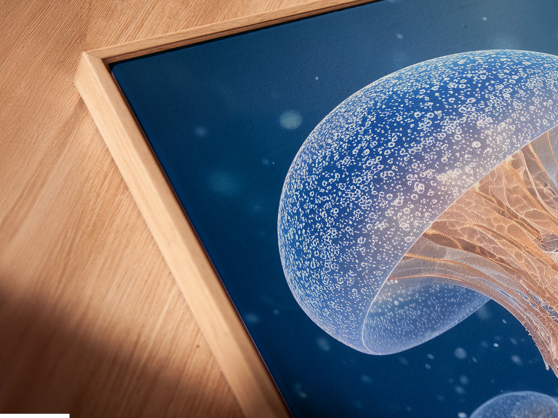 A close-up angled view of a canvas print in a floating frame. The floating frame gives the artwork a modern and sophisticated look. The canvas print appears to float. It creates a unique visual effect. The artwork is showcased beautifully.