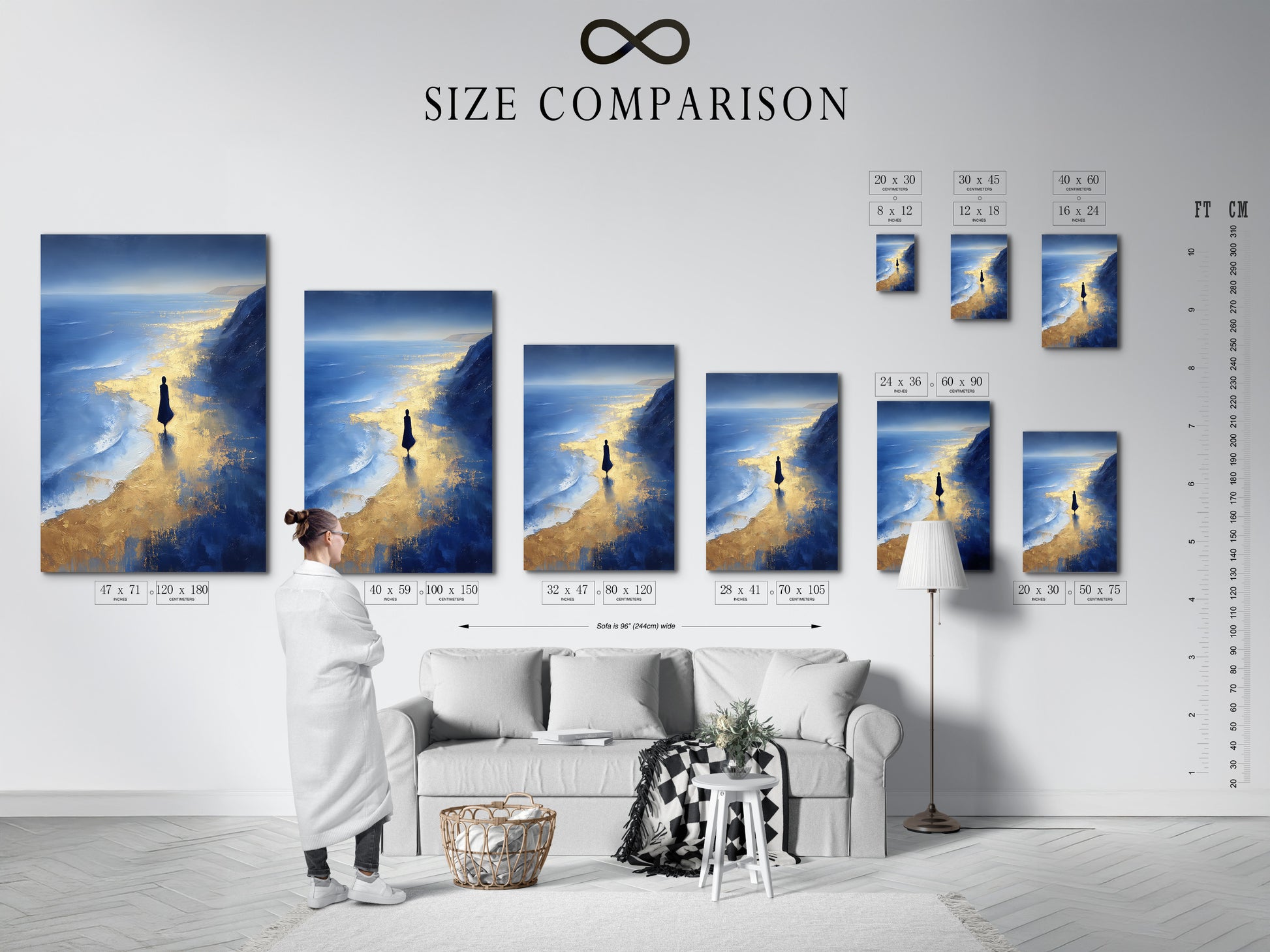 A size comparison chart showcases the Ocean Reflection artwork in an interior setting. See how different sizes of this coastal canvas art fit your space. Plan your bedroom wall decor or living room wall art with ease. Choose the perfect scale for your blue gold abstract.