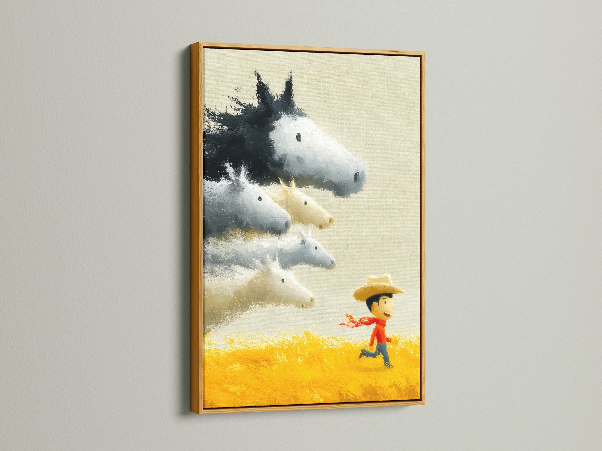 Artwork featuring a boy running in a field with horses. The art is framed with a gold frame. The yellow and grey tones create a calming effect. Wonderful for kids rooms.