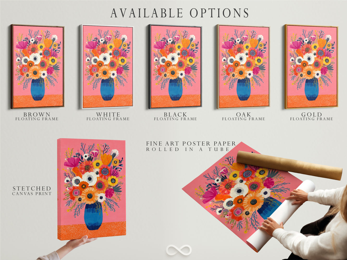 Available options for your artwork are displayed. Choose from a stretched canvas print. Consider fine art poster paper or a floating frame. Each option enhances the artwork. This artwork will help you customize your artwork to match your style. Personalize your masterpiece today.