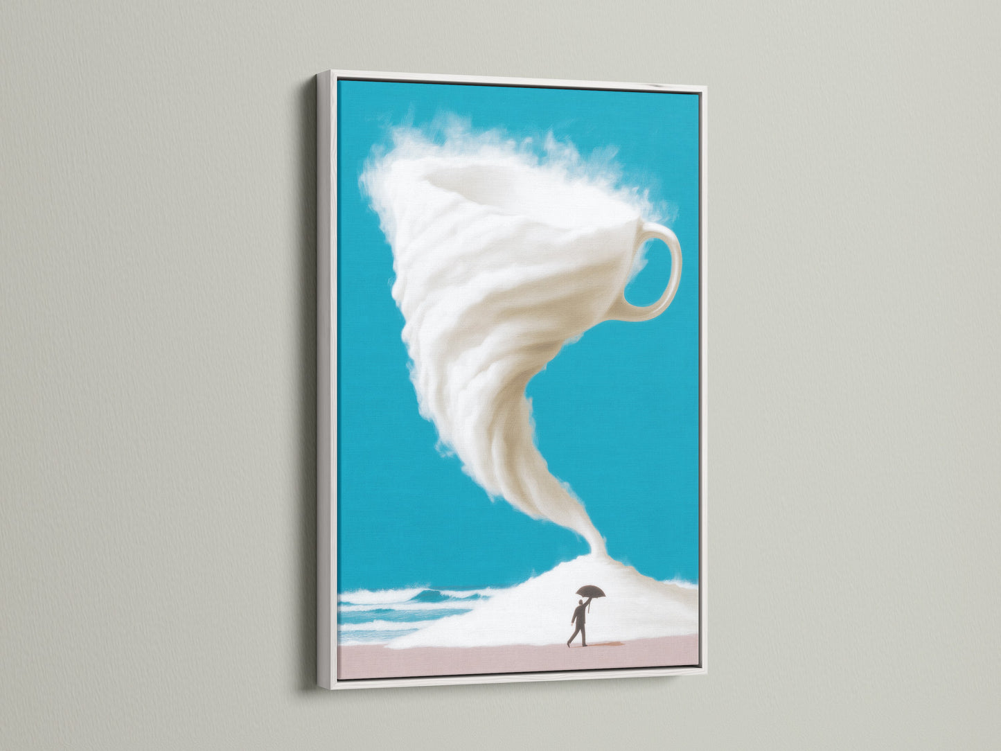 This stunning surreal coffee cup storm artwork is showcased in a clean white frame. The fantasy beach art print features a captivating turquoise sky. This piece of imaginative art is ideal for adding a modern touch to your home decor. Perfect for art collectors and coffee shop owners.