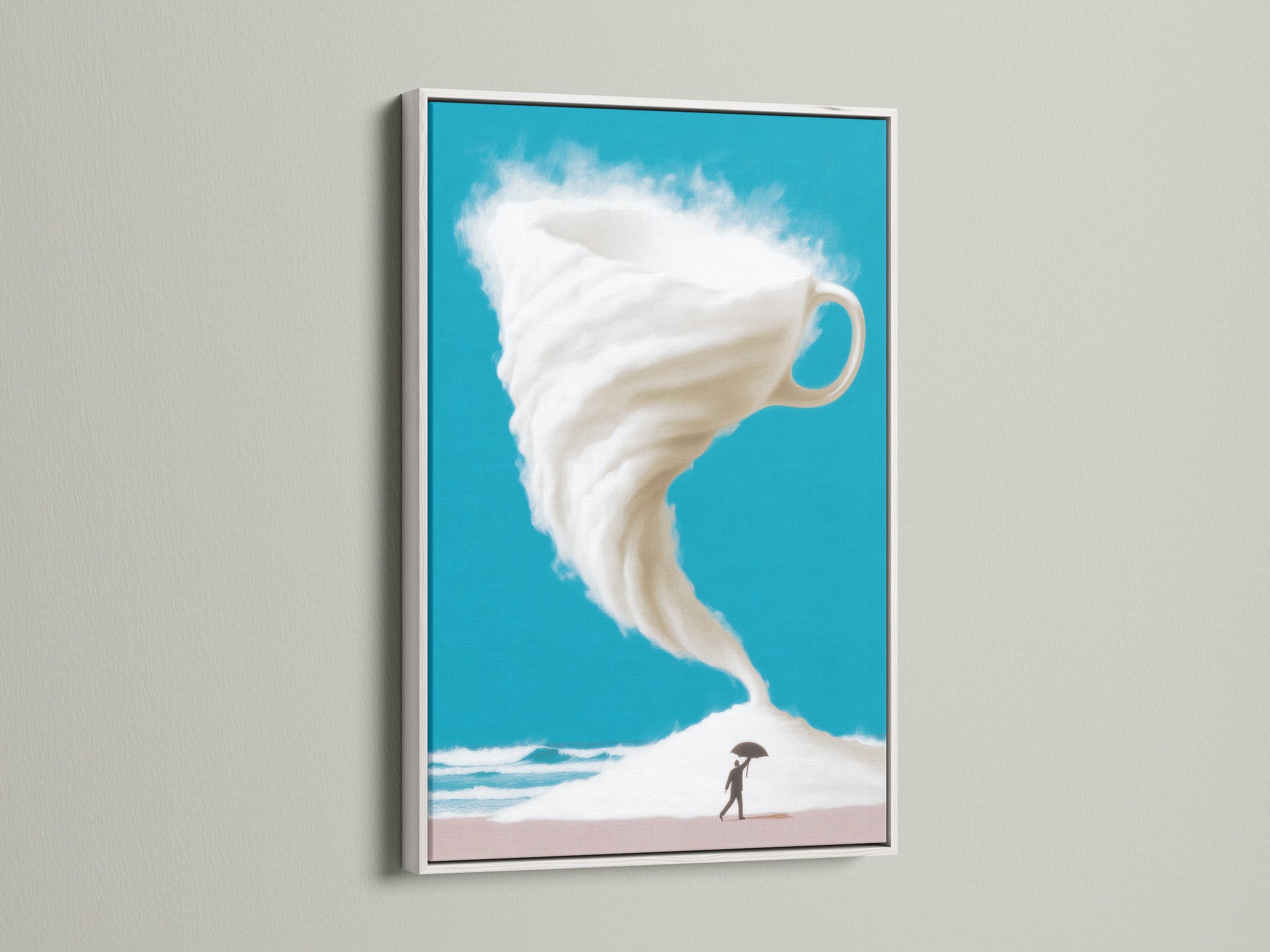 This stunning surreal coffee cup storm artwork is showcased in a clean white frame. The fantasy beach art print features a captivating turquoise sky. This piece of imaginative art is ideal for adding a modern touch to your home decor. Perfect for art collectors and coffee shop owners.