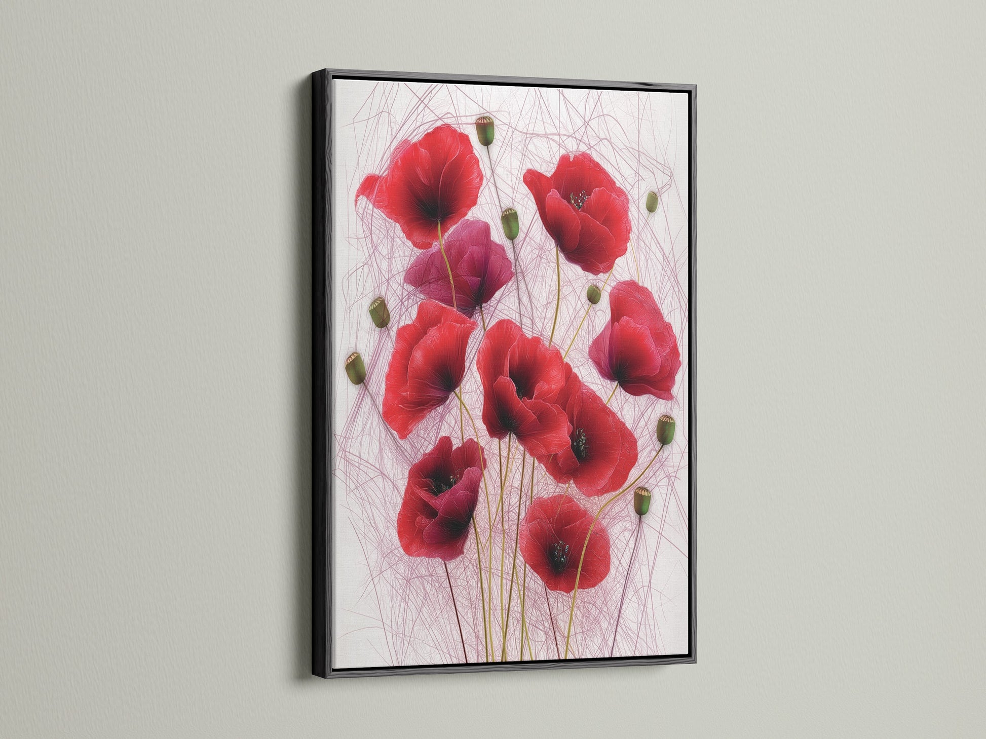 See the Red Poppy artwork framed in black. This bold choice emphasizes the botanical wall art. The crimson wall art becomes a focal point. A stylish option for office wall art or studio decor.