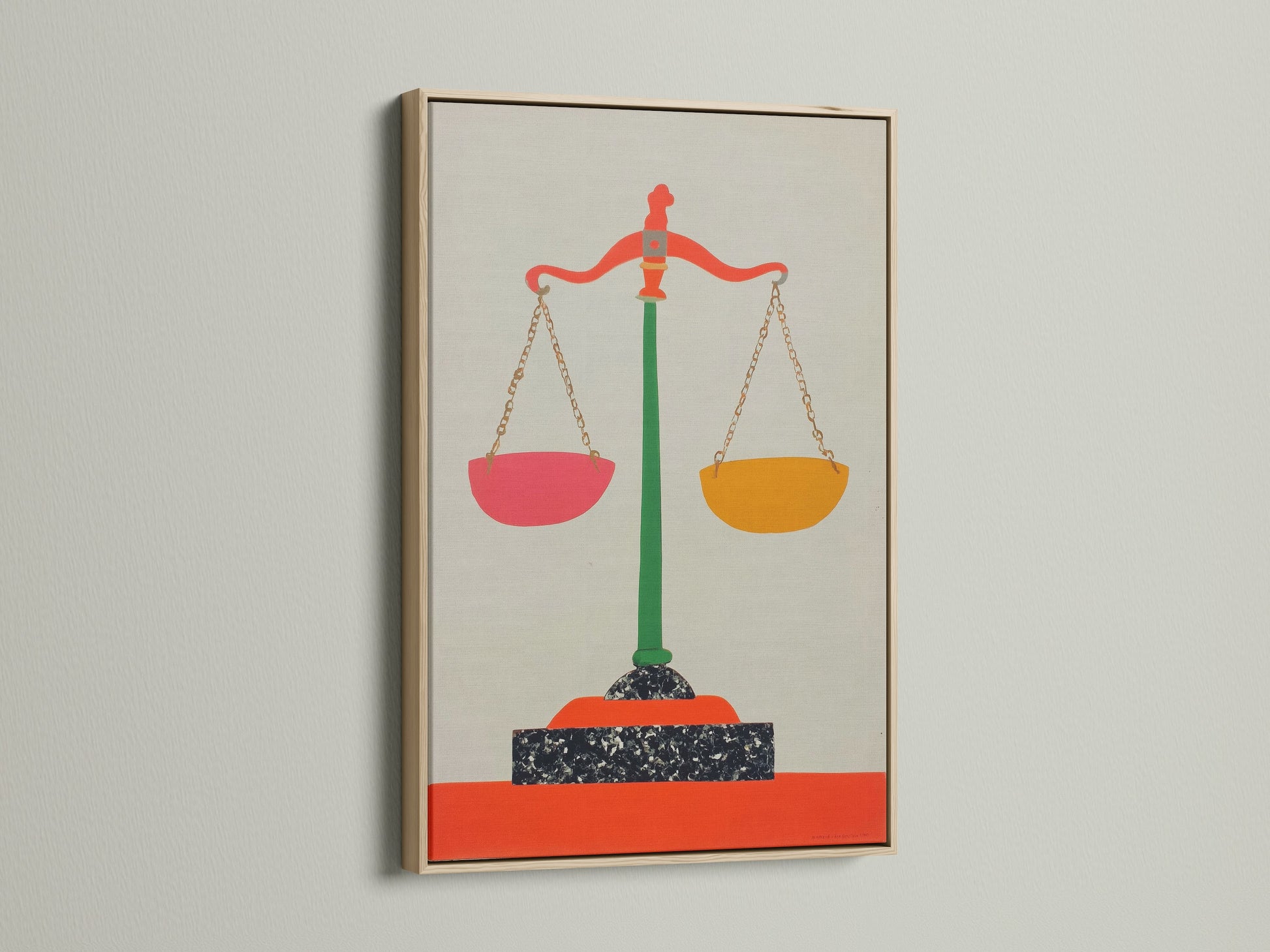 Justice Scales artwork in an oak frame. The light wood complements the colorful legal art. Enhance your law firm's decor with this stylish scales canvas print. It is ideal for any office or study room.