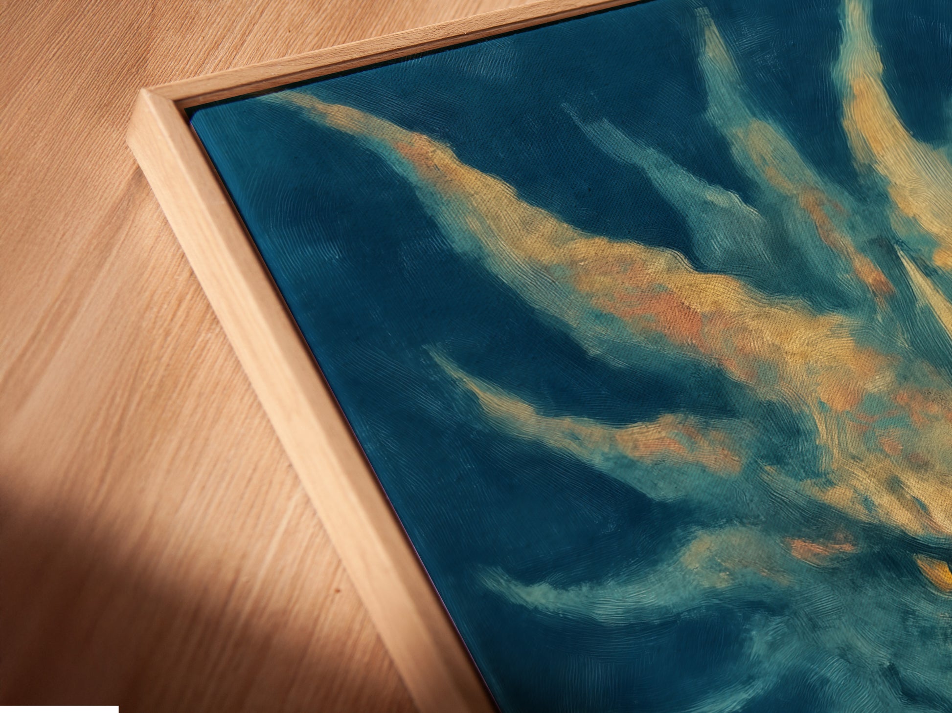 A close-up angled view shows a canvas print. It is set in a floating frame. The mystical dragon art print adds depth to the artwork. The surreal ocean scene is beautifully displayed. The floating frame enhances the art. It is perfect for modern wall decor.