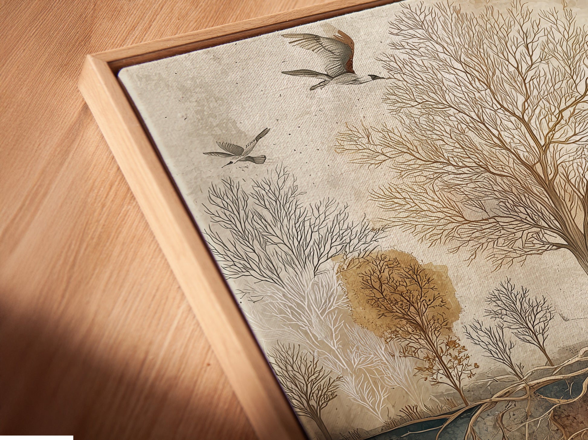 Close-up of a canvas print in a floating frame. The floating frame gives a modern gallery look. The artwork appears to float within the frame. This creates a unique and stylish display. Perfect for contemporary art lovers. See the detail and quality of our prints.