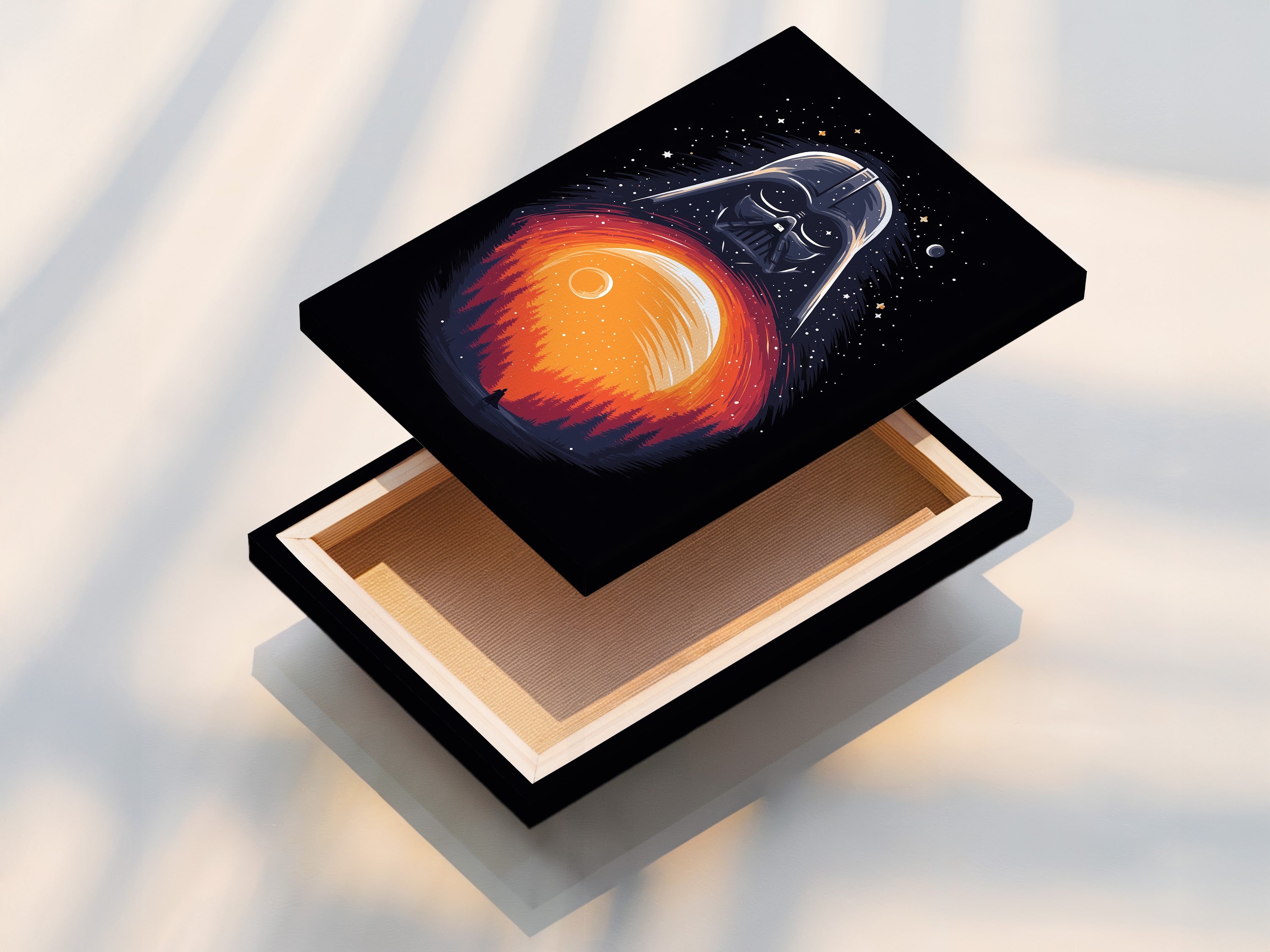 This is a stretched canvas print of Darth Vader sunset art. The sci-fi movie wall art is ready to hang. Enhance your geek wall art collection with this piece. Perfect for gamers and movie buffs alike.