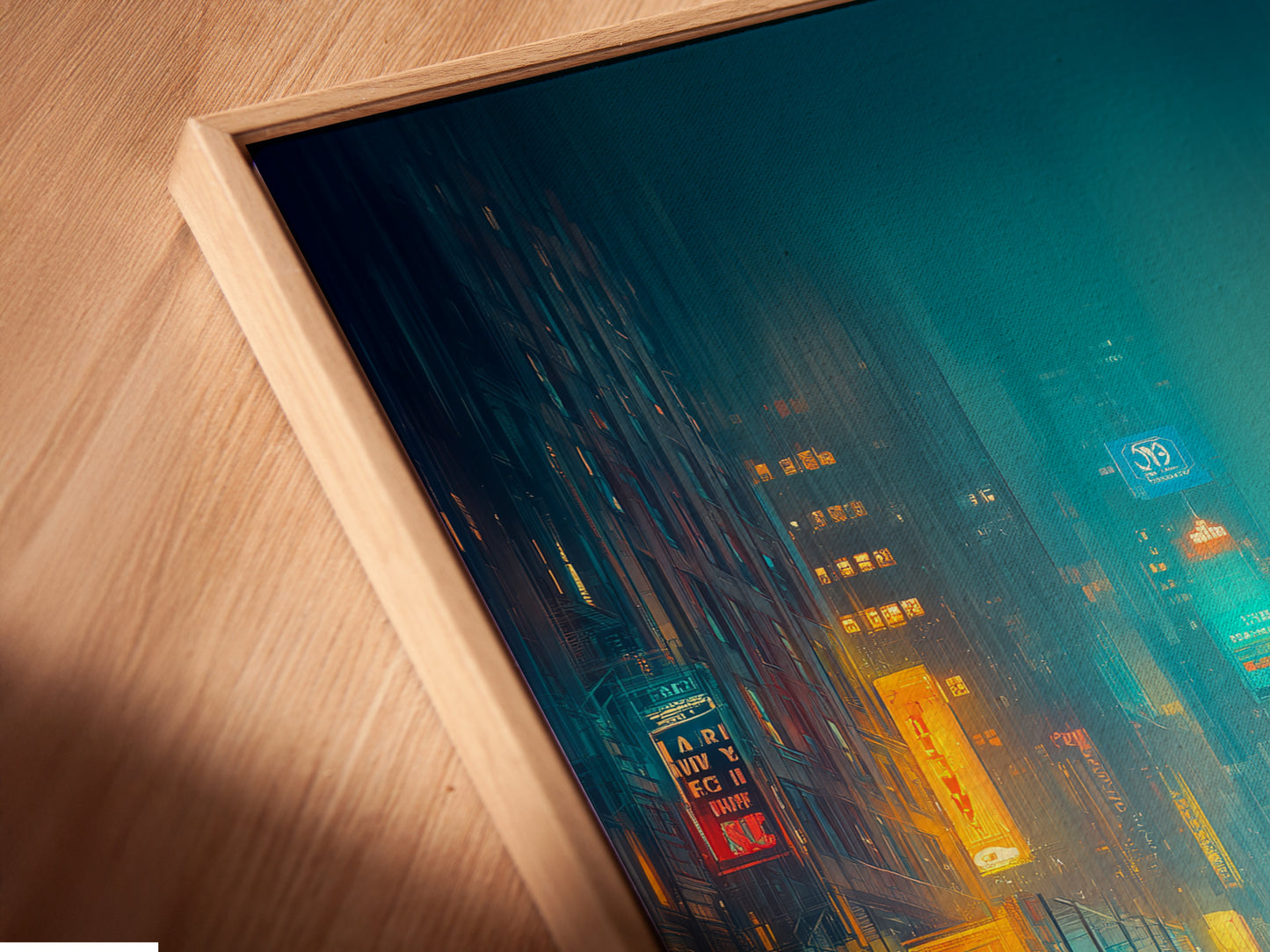 A detailed close-up of the Rainy Night Cityscape canvas print in a floating frame. The floating frame gives a modern and sophisticated look. It allows the urban canvas art to stand out. See the quality of our teal and orange cityscape art.