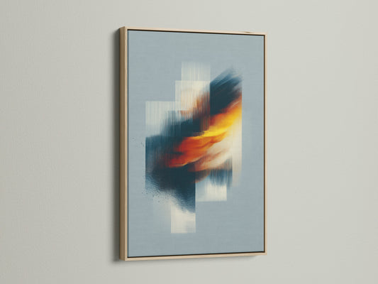 The artwork is presented in a natural oak frame. Its grain complements the art's modern style. The art piece adds warmth and sophistication to any room. The frame enhances the artwork's visual impact. Embrace the beauty of nature with a timeless oak finish. Discover the perfect frame for your art.