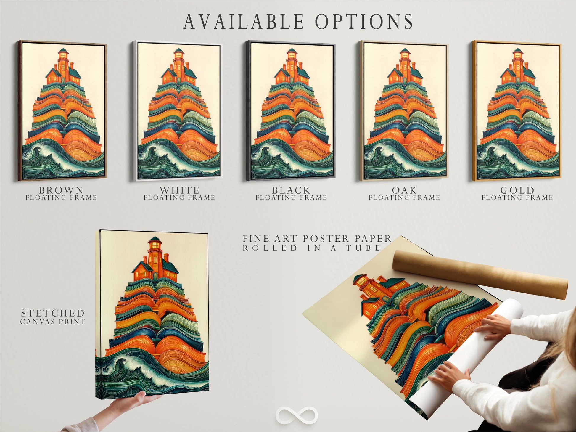 Explore available options for the Lighthouse on Books artwork. Choose from a stretched canvas print fine art poster paper or floating frame. Customize your perfect piece of nautical artwork today.