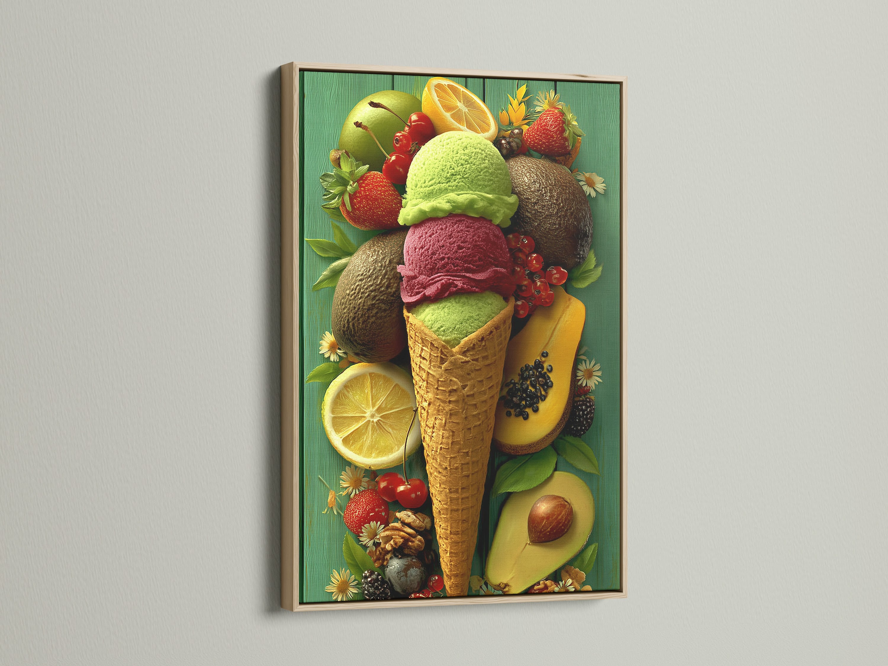 Framed art print in an oak frame adds warmth to any room. The artwork features a colorful ice cream cone. It is surrounded by fresh fruits. The print is displayed against a white wall. Elevate your home decor with framed art.