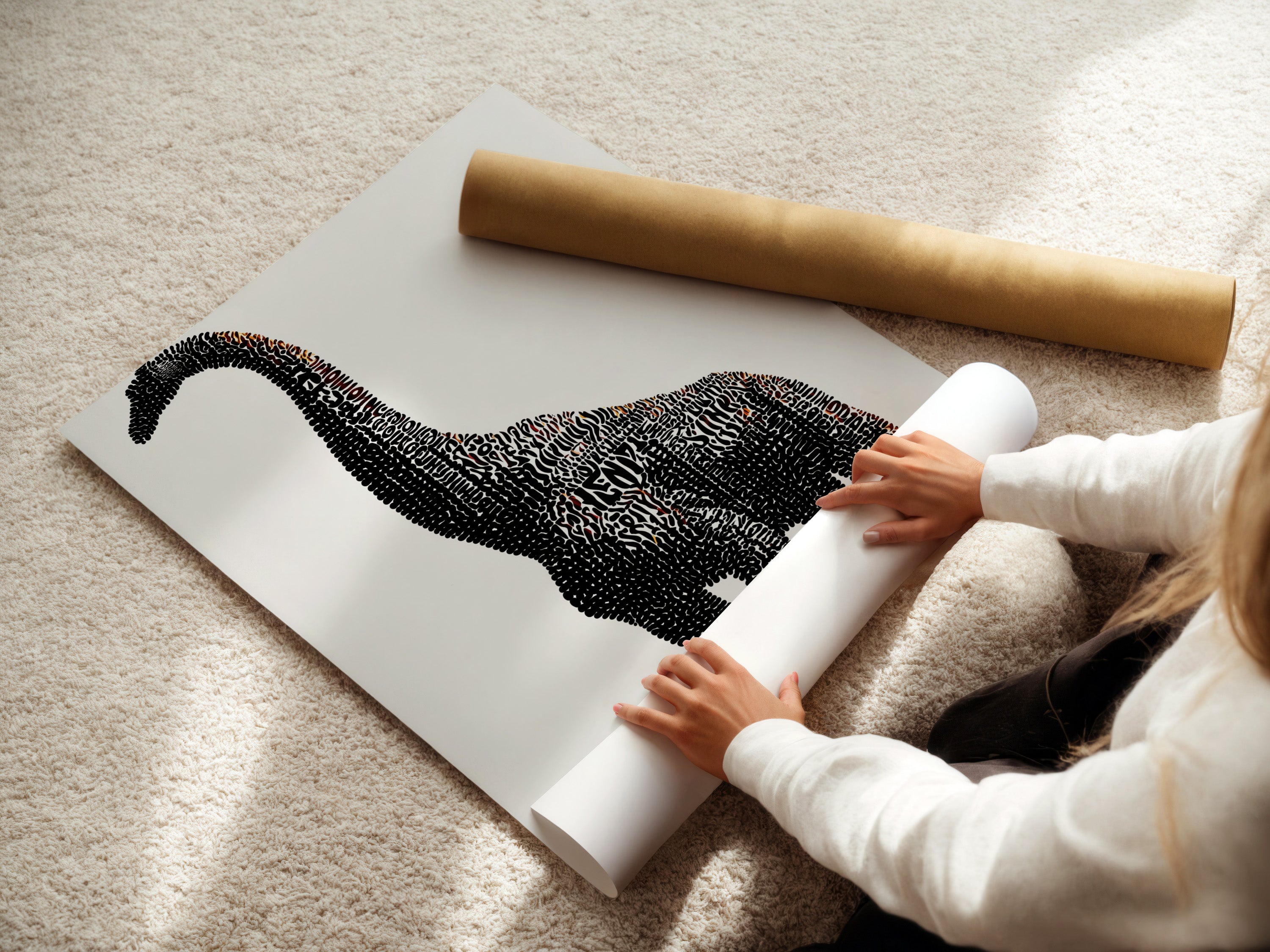 A woman is carefully rolling a fine art poster paper print. The print features dinosaur typography. This Brontosaurus word art is perfect for a modern kids room. It is great wall decor for a nursery or playroom. The fine art paper enhances the artwork's quality.