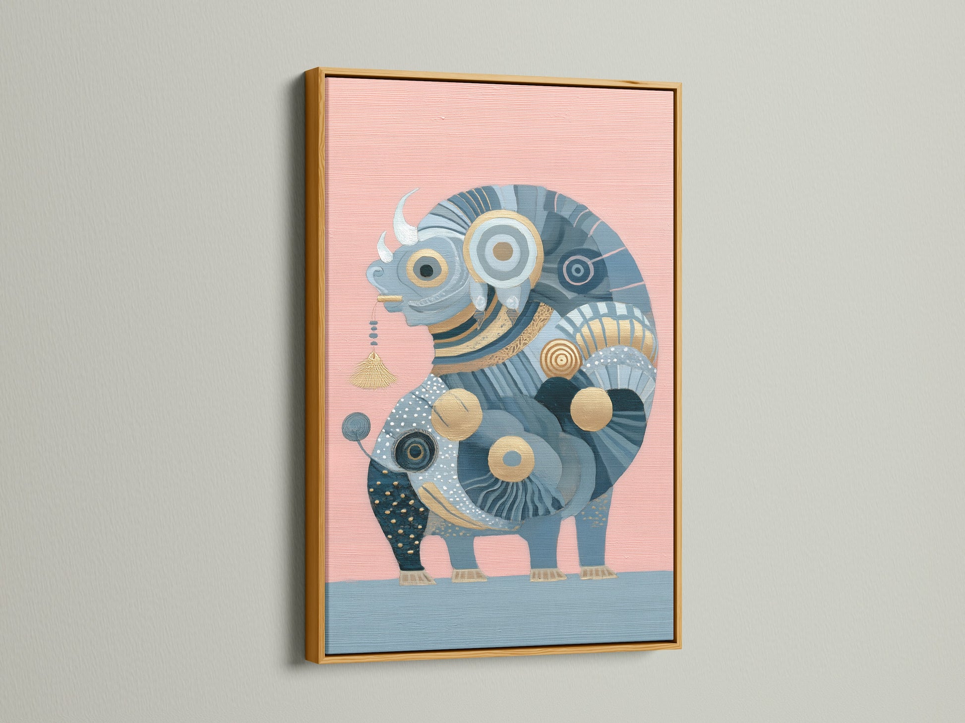 Abstract Bull artwork displayed in a gold frame. The geometric animal artwork adds luxury to your walls. This blue and gold animal print enhances your living room. The framed art elevates your decor. It is great for Scandinavian and minimalist styles.