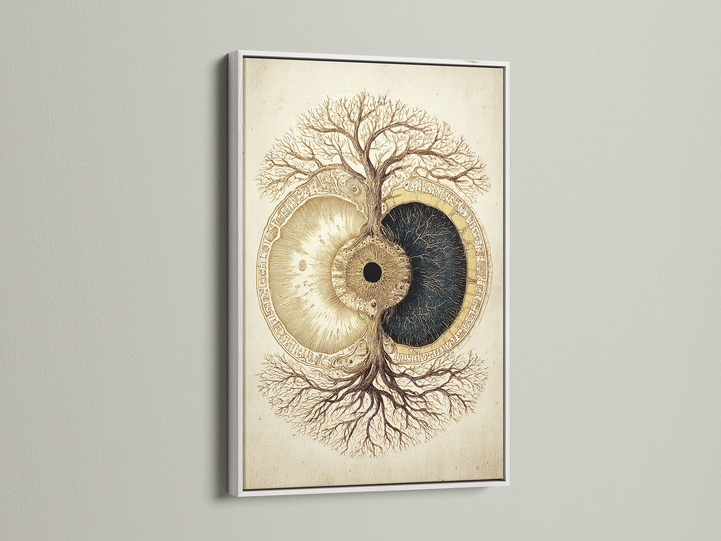 White frame displays the artwork. The white frame offers a clean look. It enhances the art. This frame is perfect for modern interiors. The artwork features a tree and eye artwork. The white frame makes the colors pop. Perfect for any room in your home.