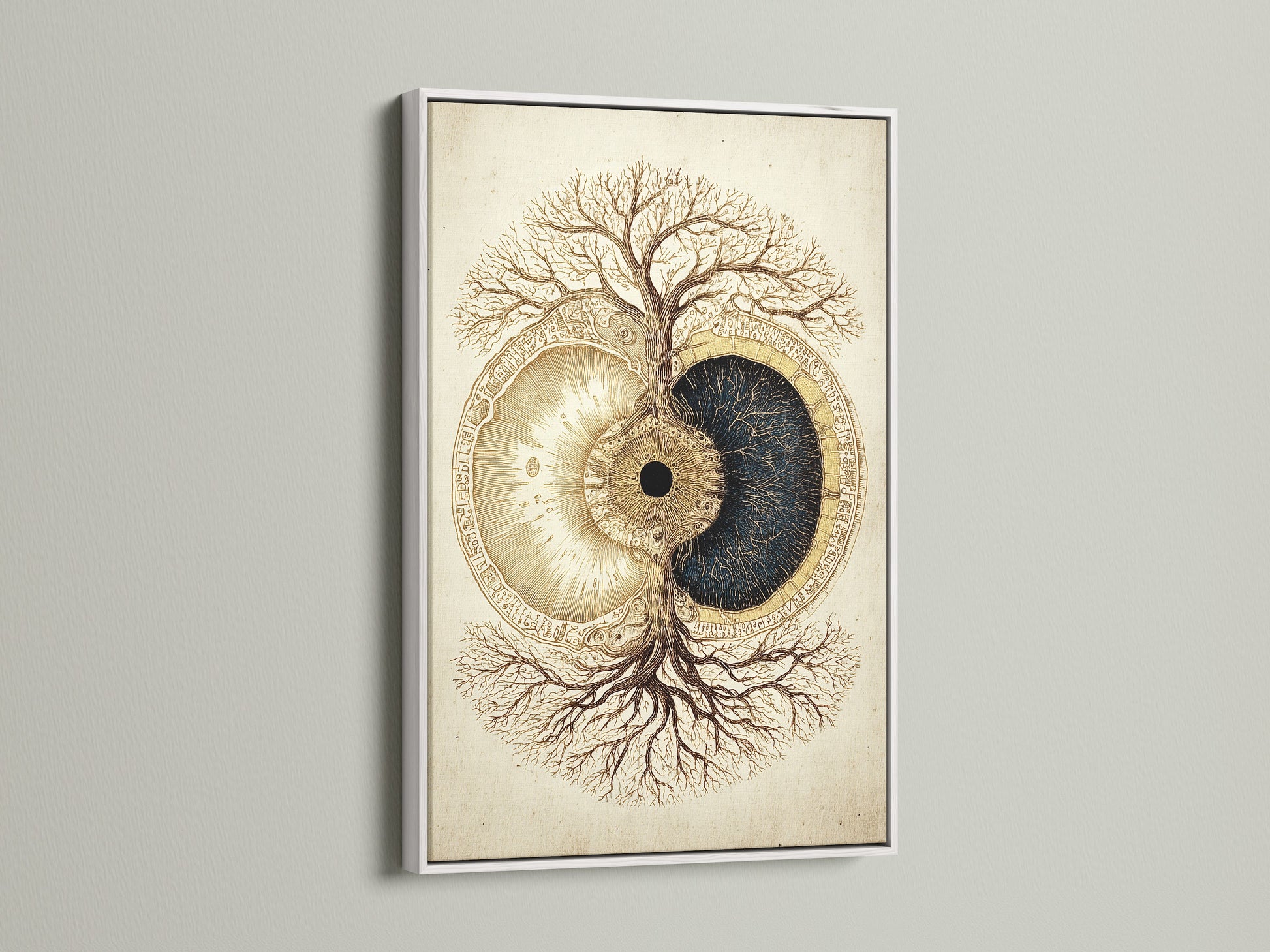 White frame displays the artwork. The white frame offers a clean look. It enhances the art. This frame is perfect for modern interiors. The artwork features a tree and eye artwork. The white frame makes the colors pop. Perfect for any room in your home.