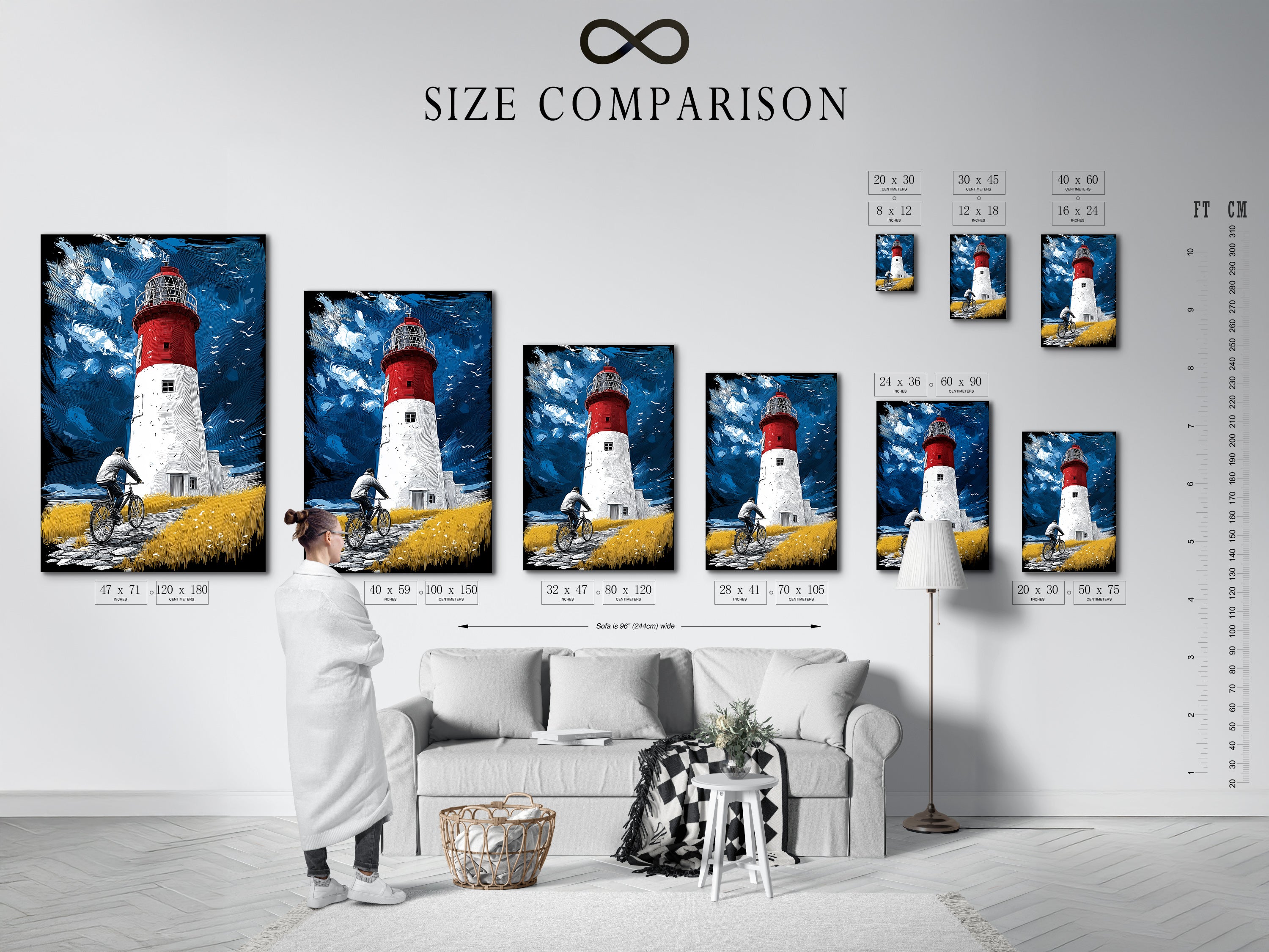 A size comparison chart shows the artwork in an interior setting. See how various sizes of the coastal artwork fit your wall. Choose the perfect dimensions to complement your room's nautical decor.