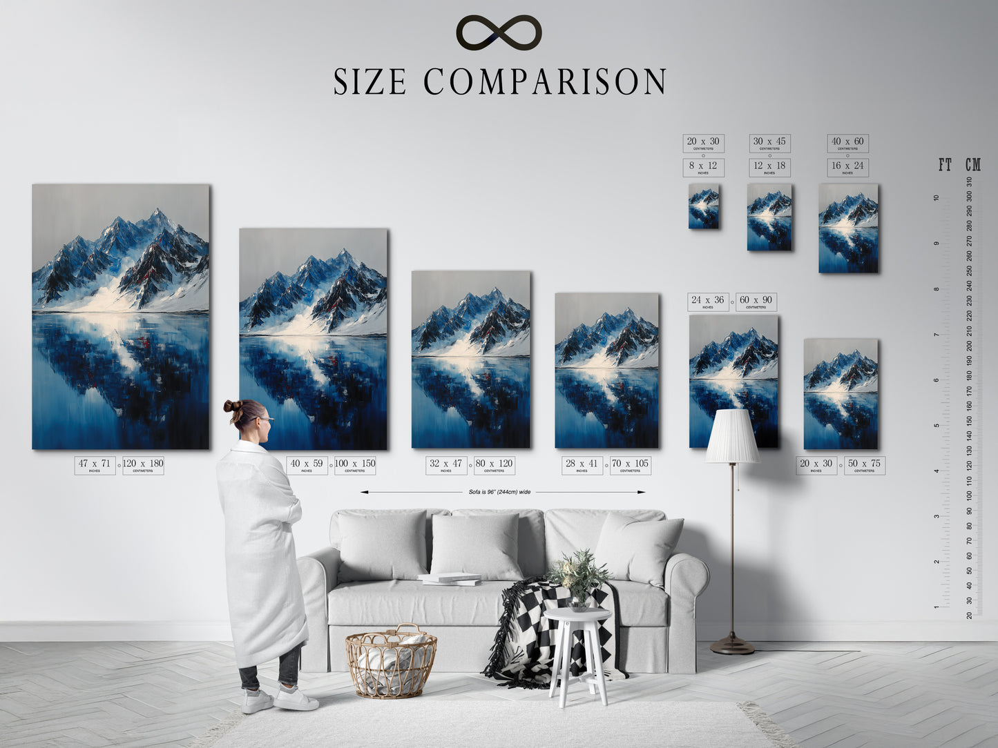 Size comparison chart in an interior setting showcasing mountain reflection artwork.  See how the indigo blue lake art fits in various spaces. Perfect for winter landscape office decor.  Compare sizes for blue art prints and snowy mountains.  Ideal for landscape artwork.