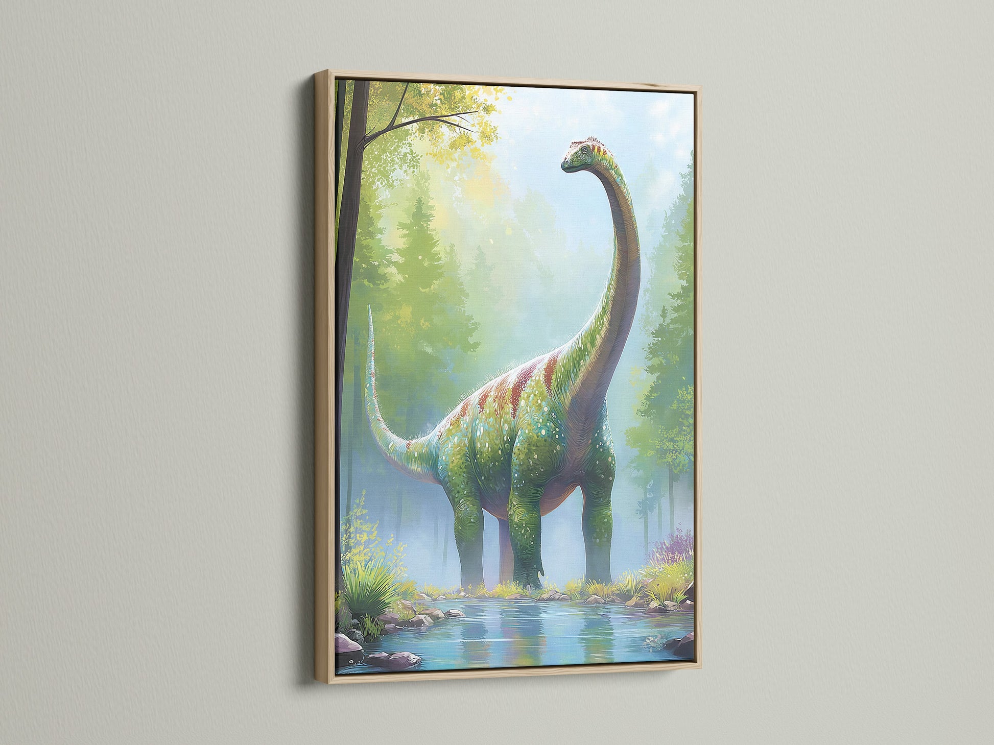 Artwork featuring a dinosaur is showcased in an oak frame. The oak frame adds warmth and natural beauty. This frame enhances the art's rustic charm. Discover the appeal of oak-framed art prints today