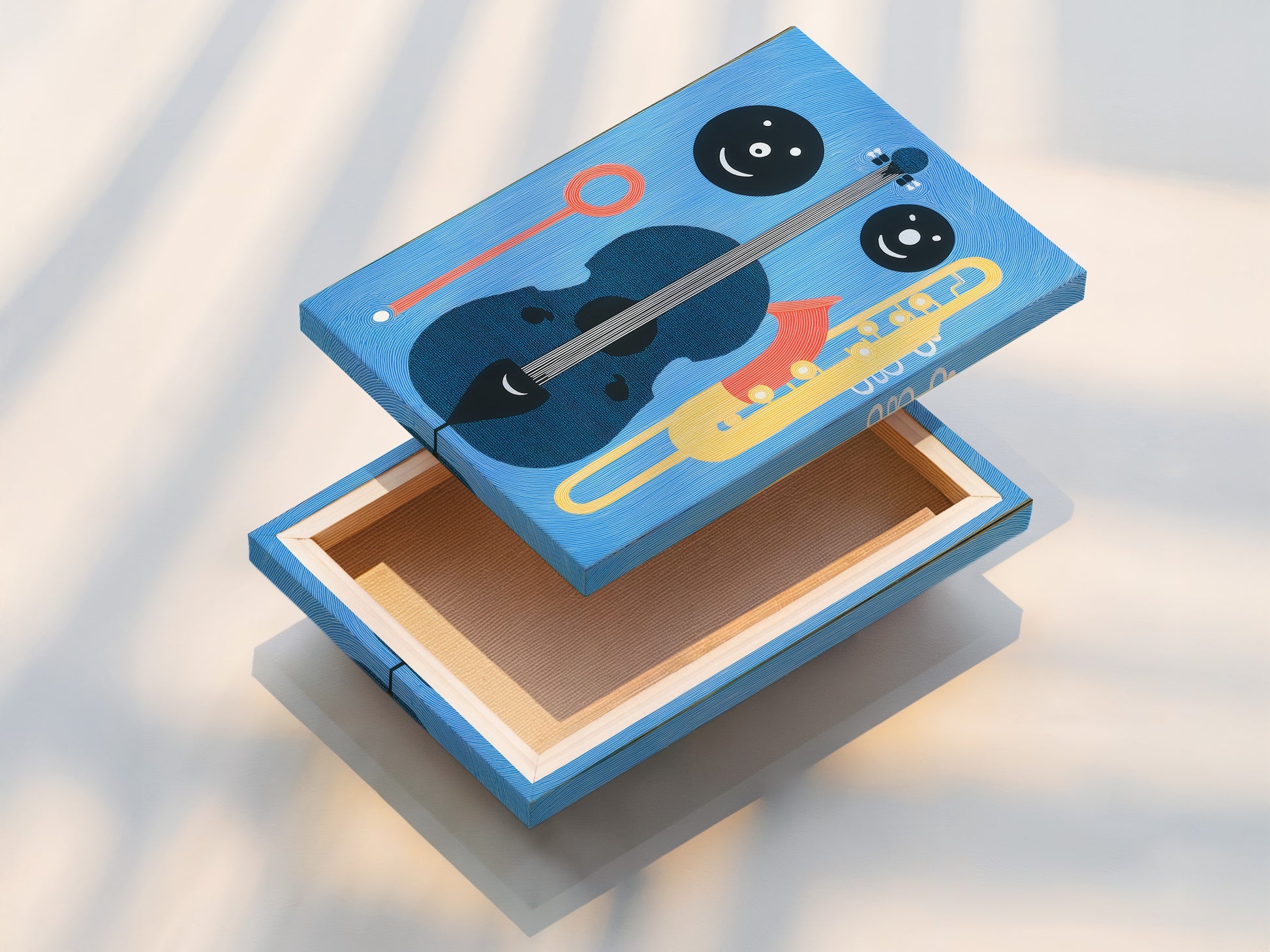 A stretched canvas print displays abstract jazz wall art with vibrant blue and yellow colors. This modern art print is ready to hang. Perfect for adding a musical touch to any home studio or business.